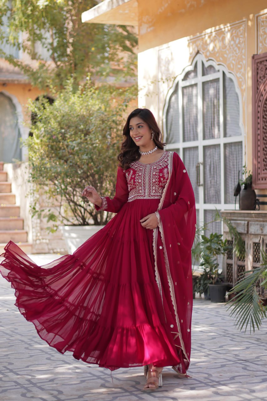 Stunning Faux Georgette Gown Pearl Embroidery With Matching Dupatta