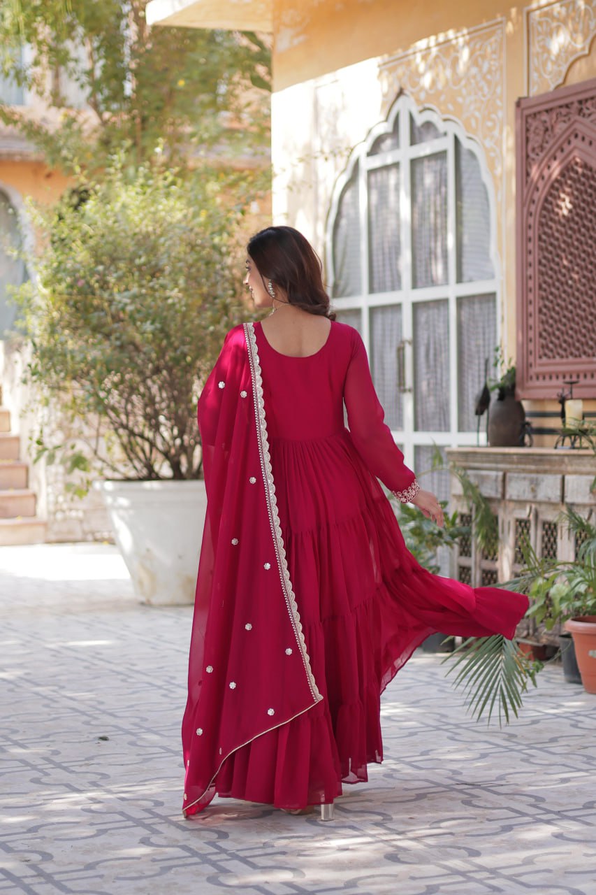Stunning Faux Georgette Gown Pearl Embroidery With Matching Dupatta