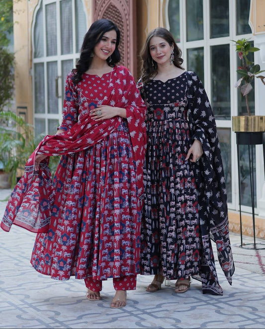 Elegant Pure Cotton Suit Set with Fancy Round Neck With Matching Dupatta