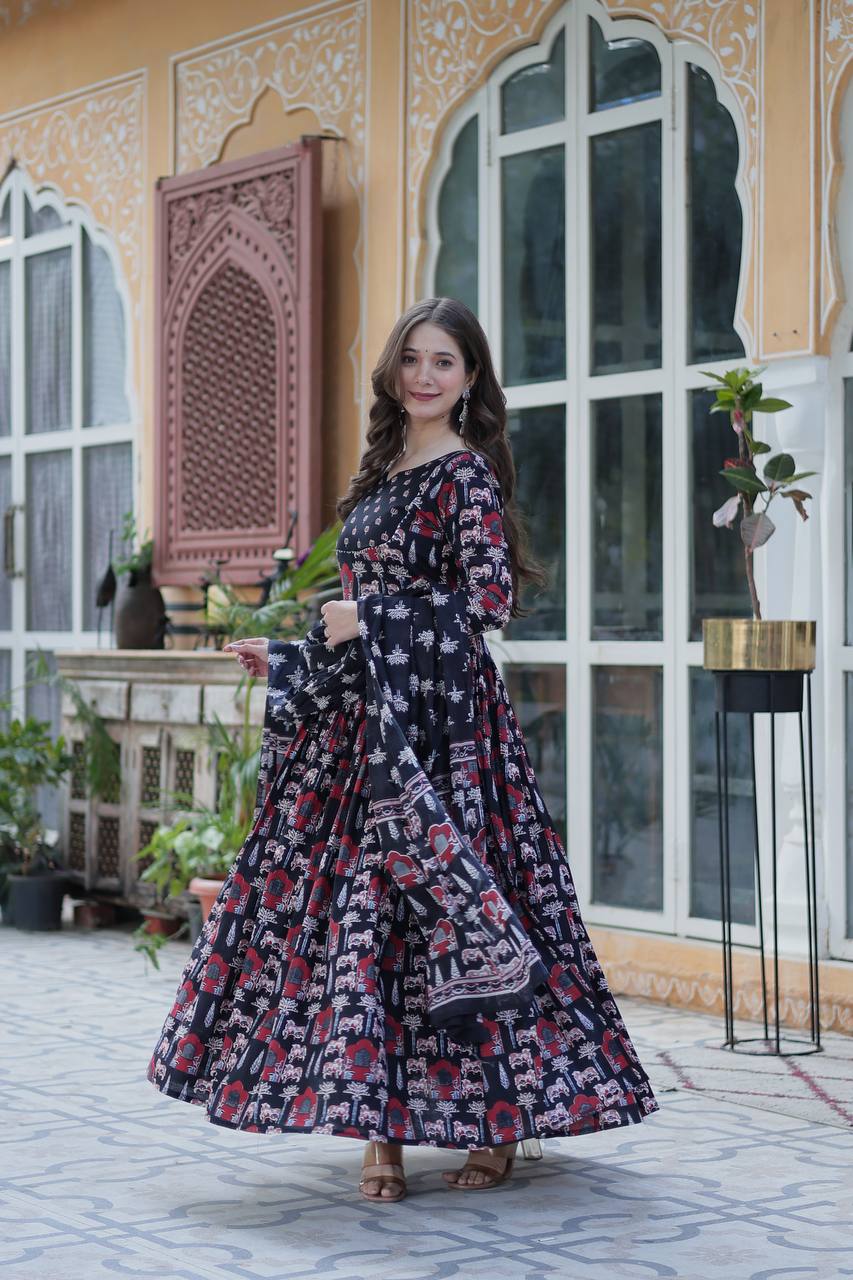 Elegant Pure Cotton Suit Set with Fancy Round Neck With Matching Dupatta
