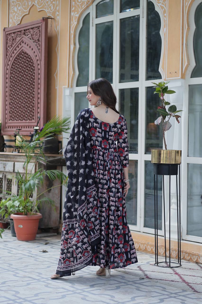 Elegant Pure Cotton Suit Set with Fancy Round Neck With Matching Dupatta