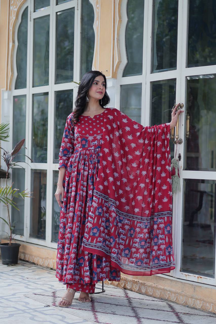 Elegant Pure Cotton Suit Set with Fancy Round Neck With Matching Dupatta
