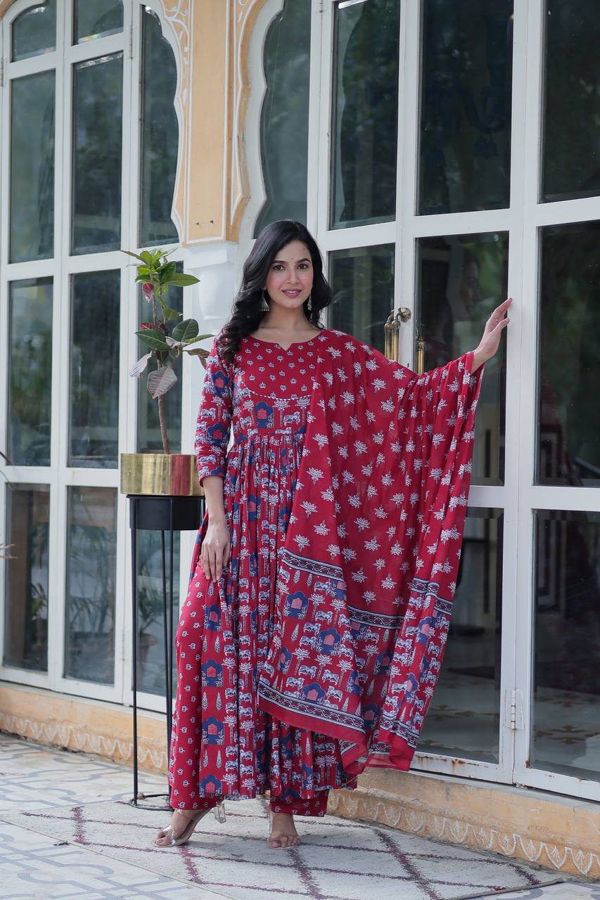 Elegant Pure Cotton Suit Set with Fancy Round Neck With Matching Dupatta