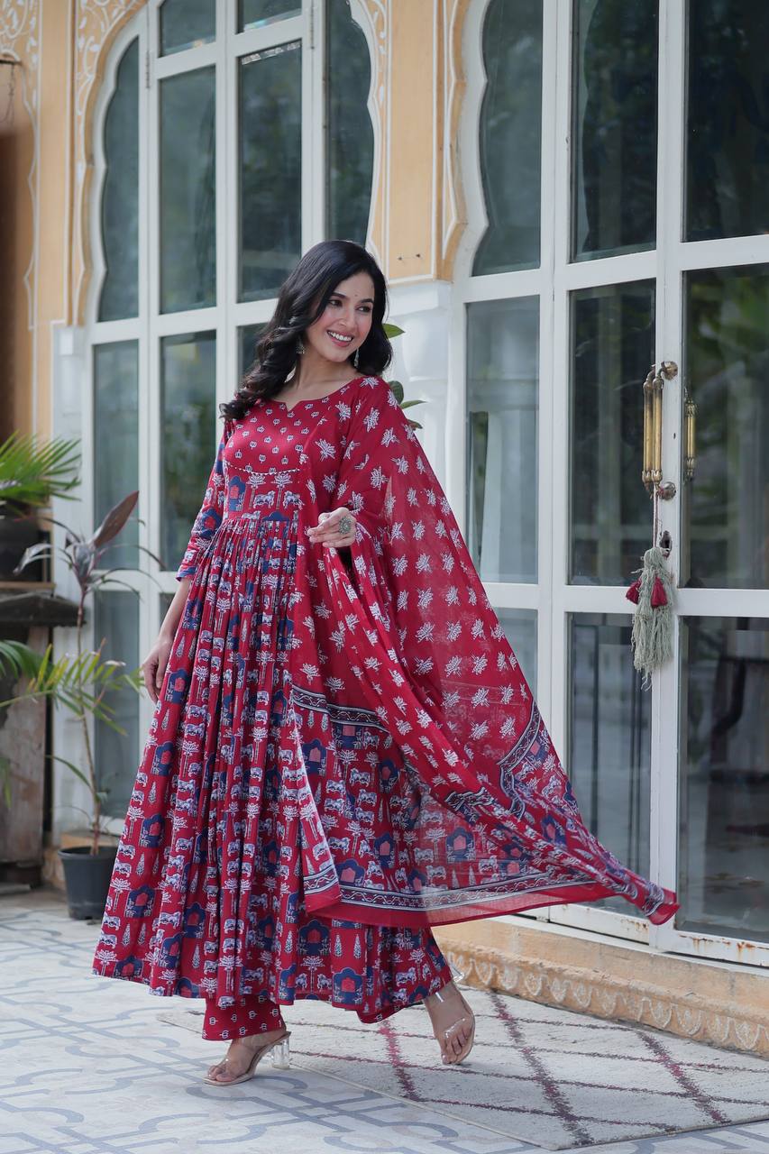 Elegant Pure Cotton Suit Set with Fancy Round Neck With Matching Dupatta