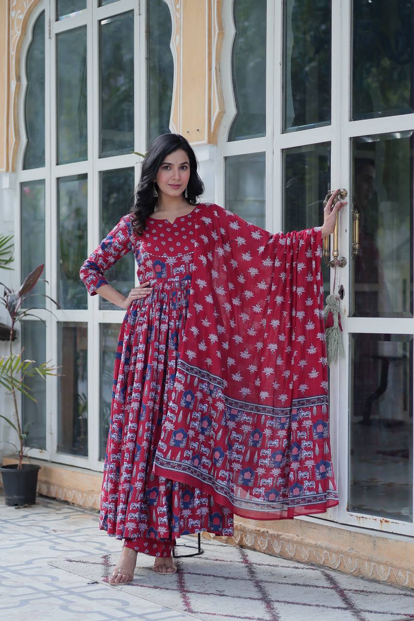 Elegant Pure Cotton Suit Set with Fancy Round Neck With Matching Dupatta