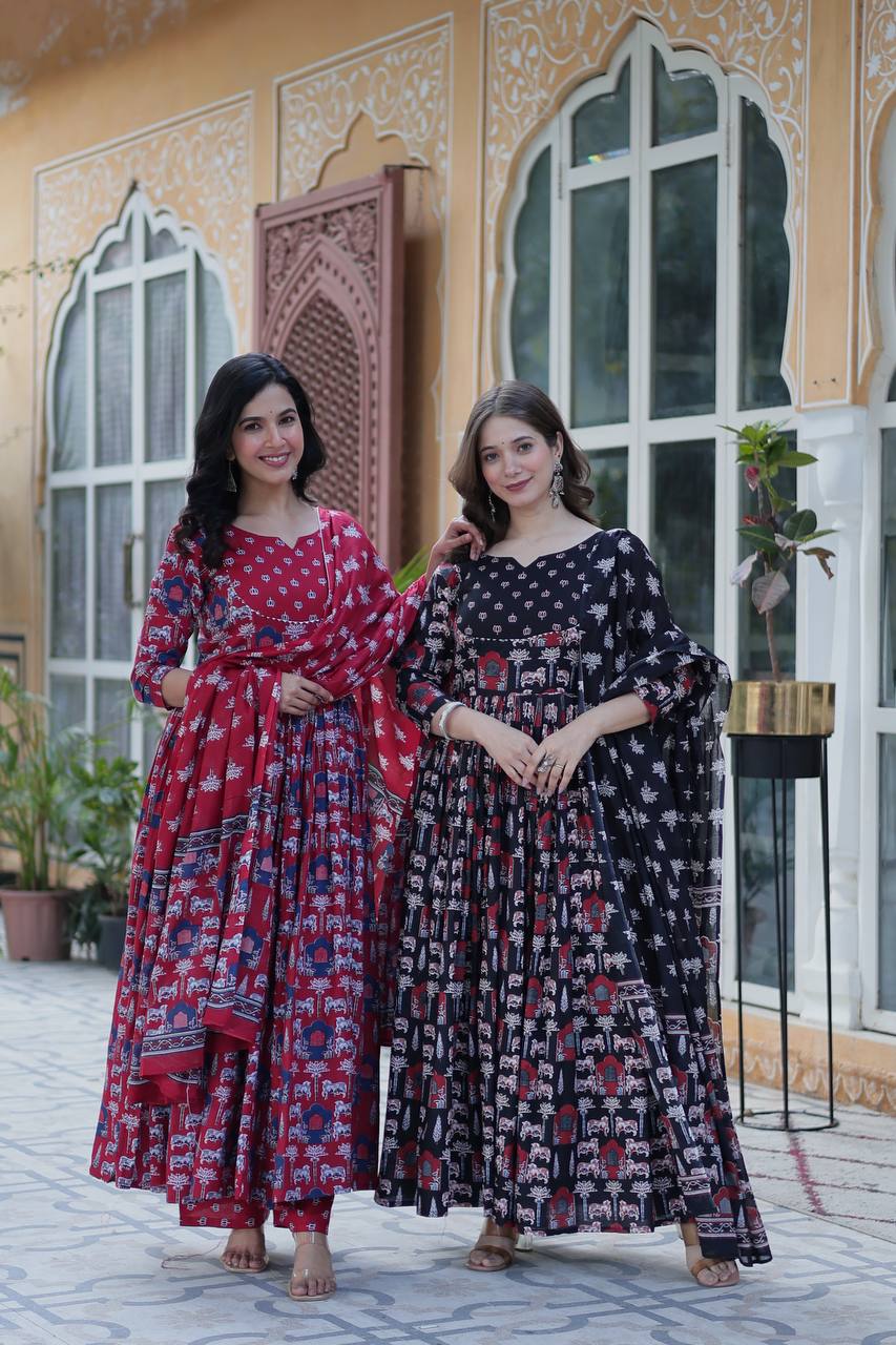 Elegant Pure Cotton Suit Set with Fancy Round Neck With Matching Dupatta