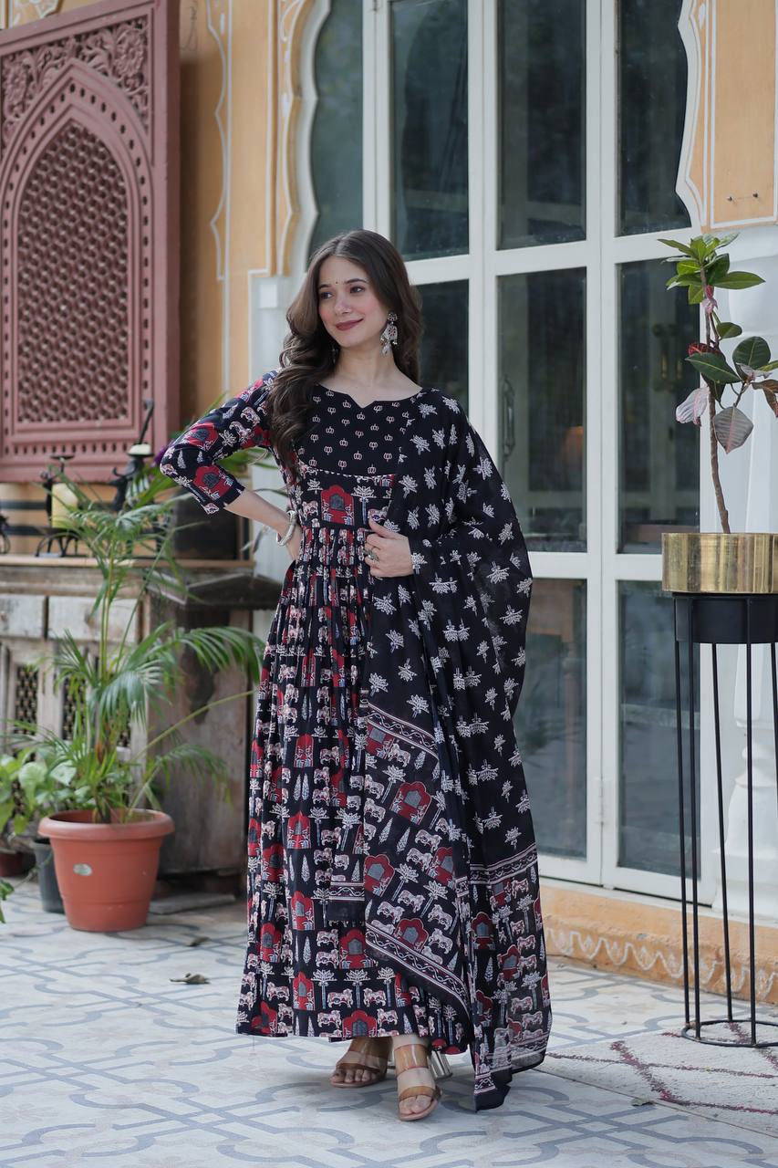 Elegant Pure Cotton Suit Set with Fancy Round Neck With Matching Dupatta