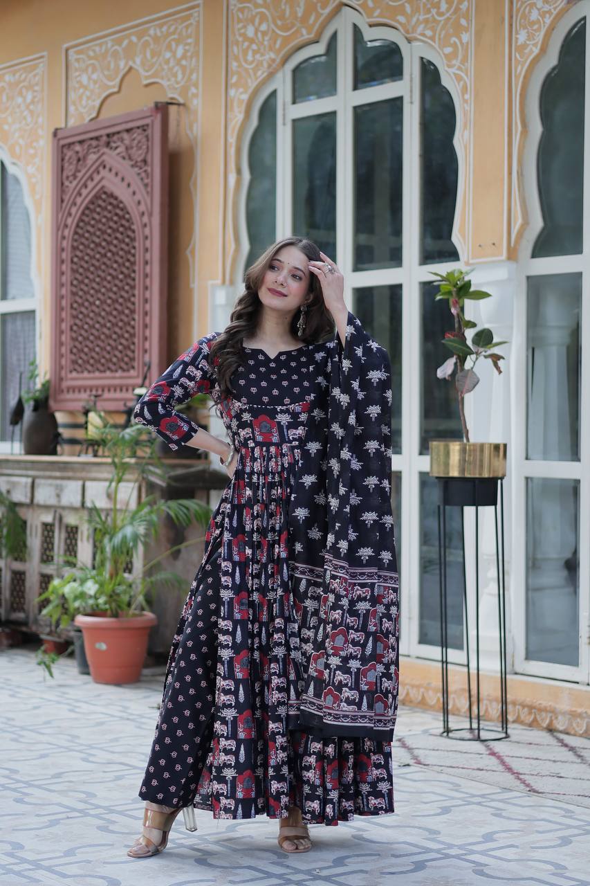 Elegant Pure Cotton Suit Set with Fancy Round Neck With Matching Dupatta