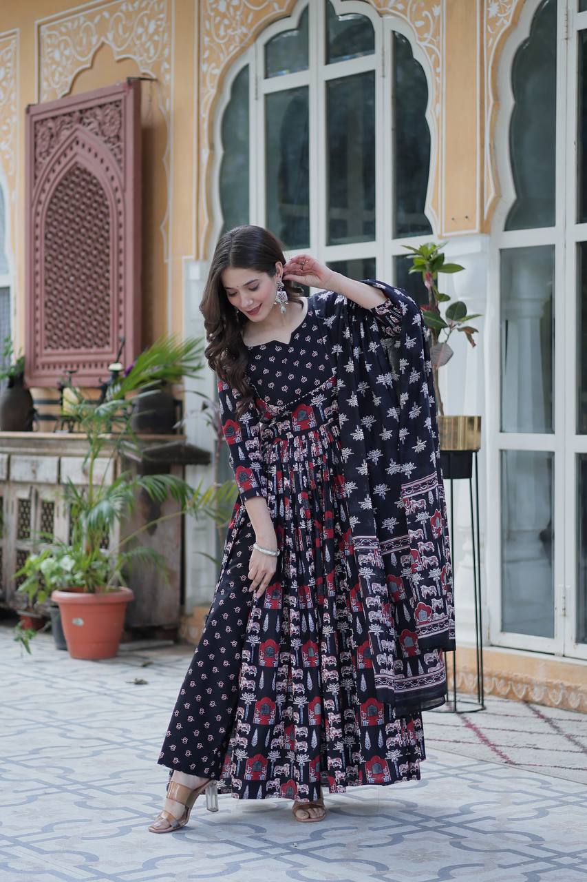 Elegant Pure Cotton Suit Set with Fancy Round Neck With Matching Dupatta