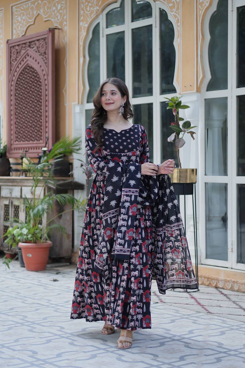 Elegant Pure Cotton Suit Set with Fancy Round Neck With Matching Dupatta