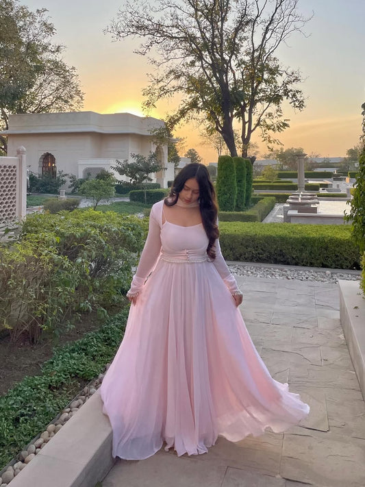 Baby Pink Georgette Anarkali Gown Set for Women – Elegant Party Wear Ethnic Outfit | Farewell, Sangeet, Reception & Wedding Wear 2026