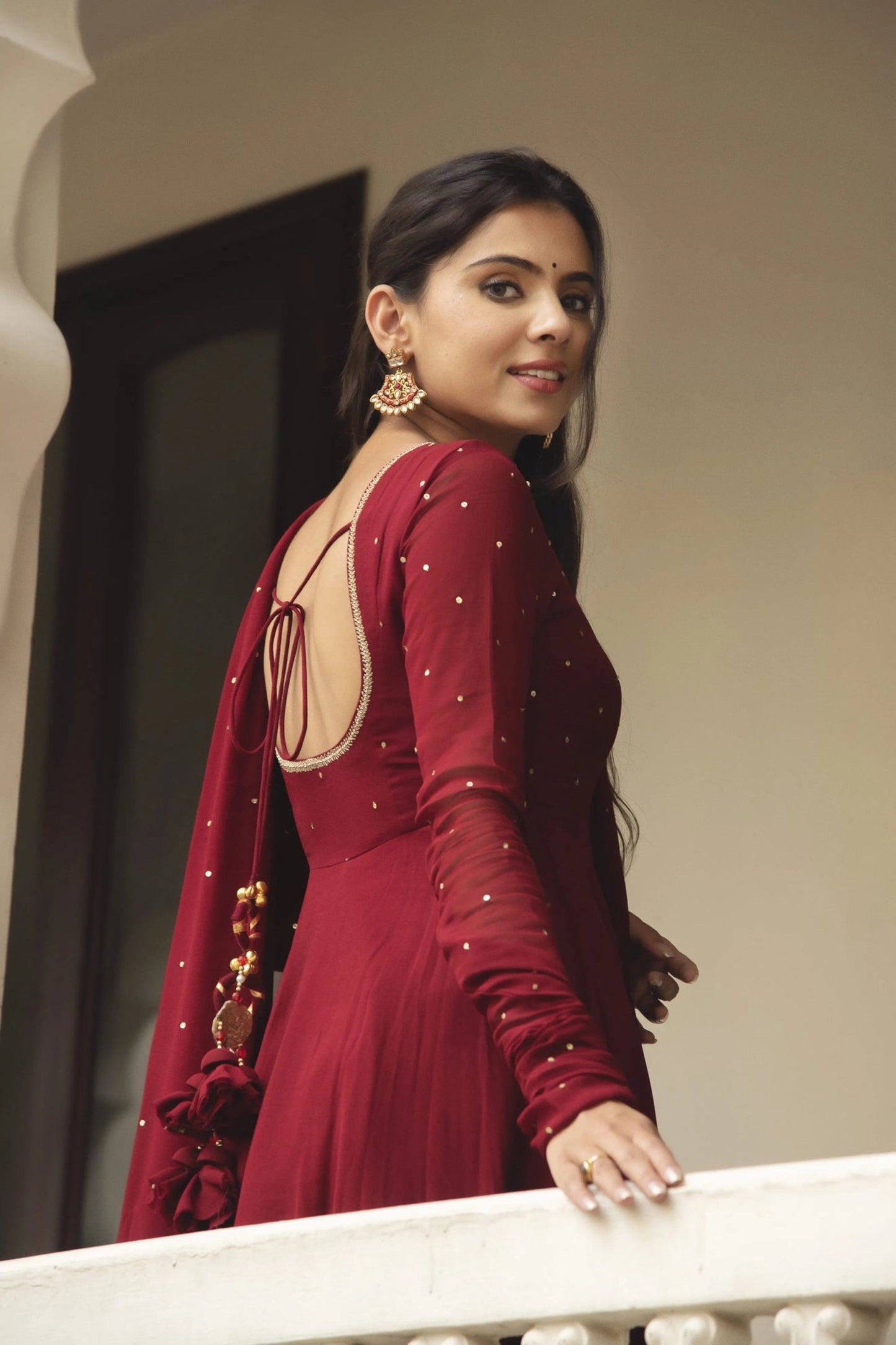 Maroon Georgette Anarkali Suit Set with Pearl Border Dupatta