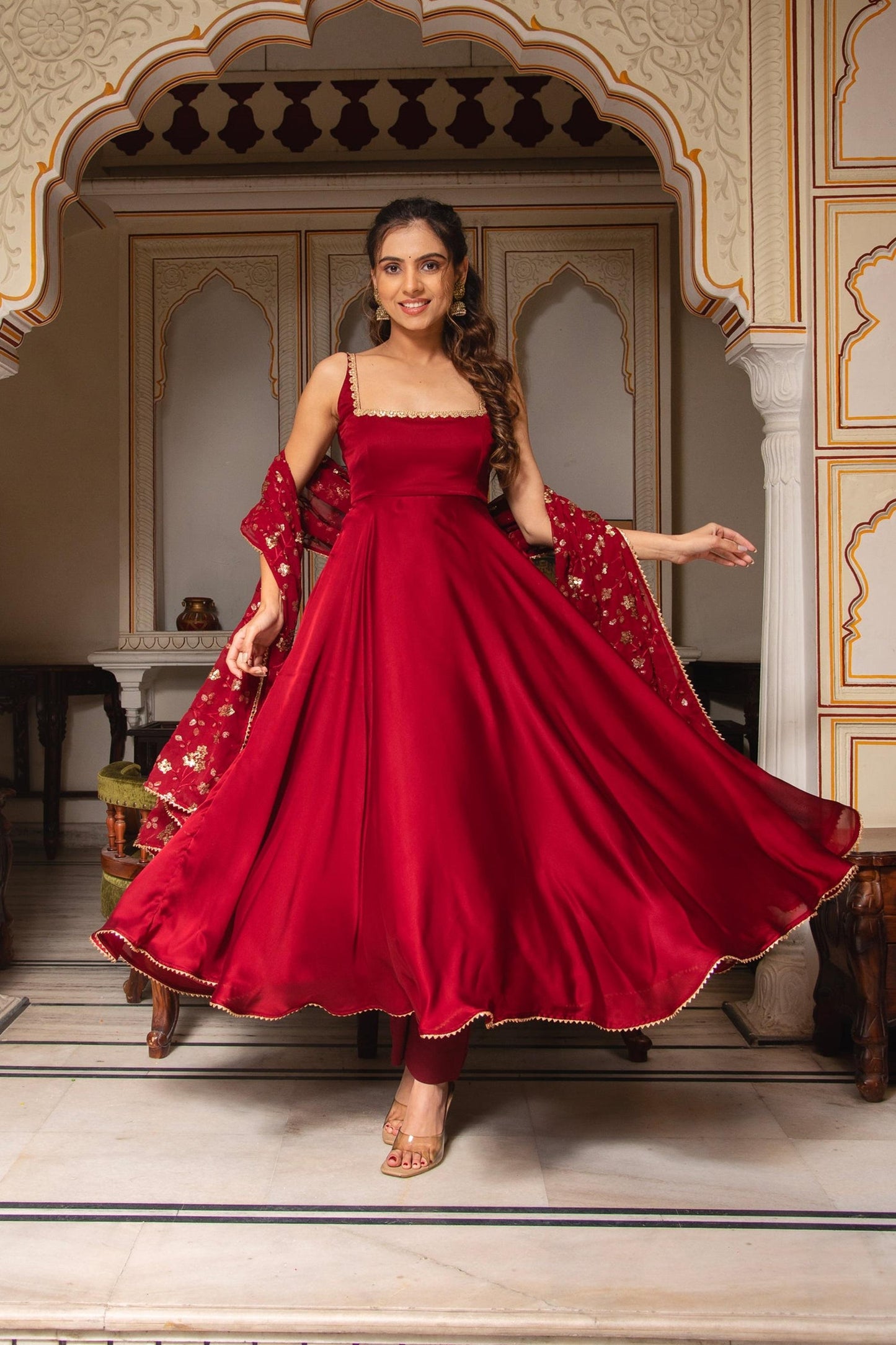 Maroon Sleeveless Anarkali Suit