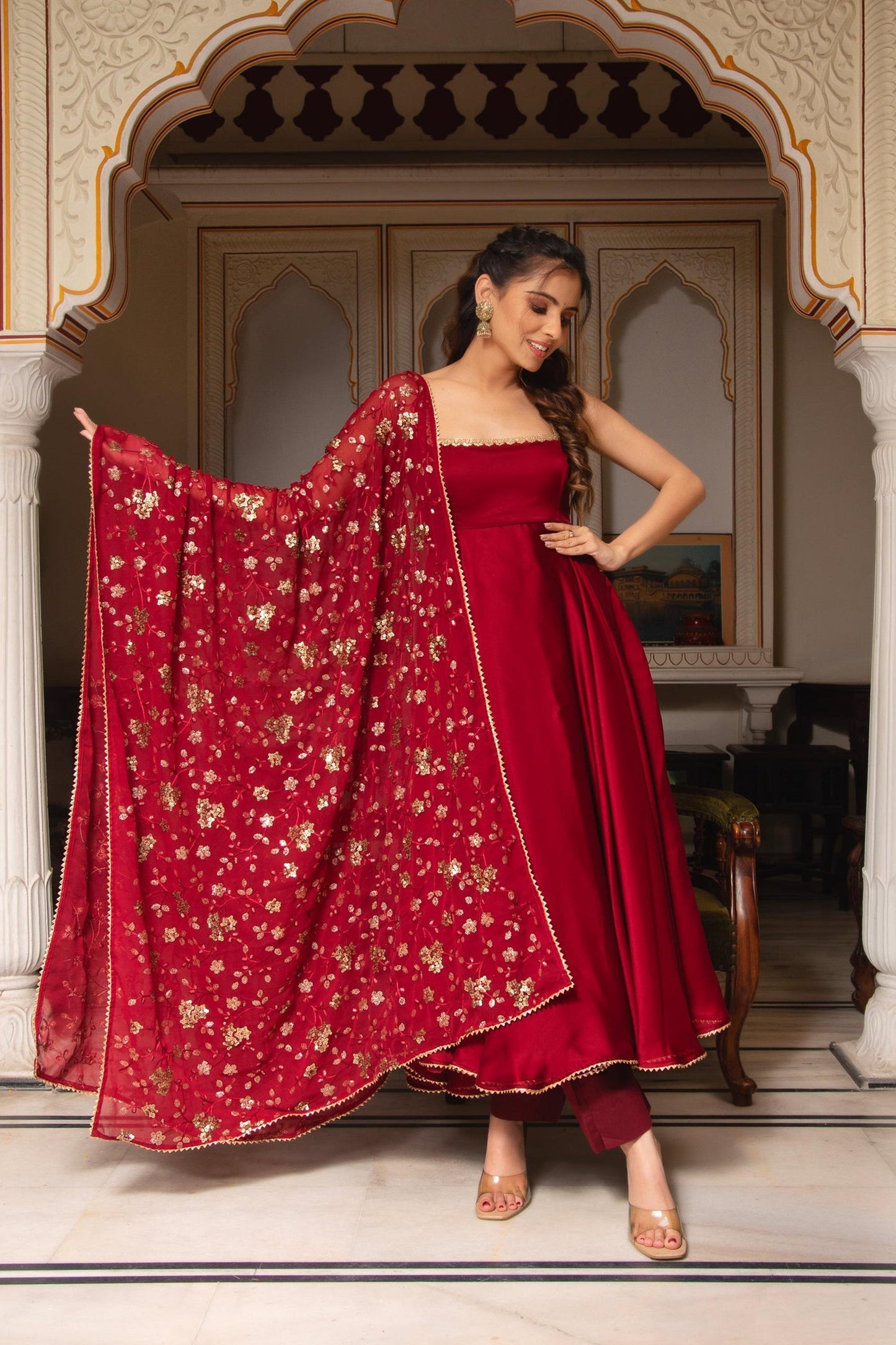 Maroon Sleeveless Anarkali Suit