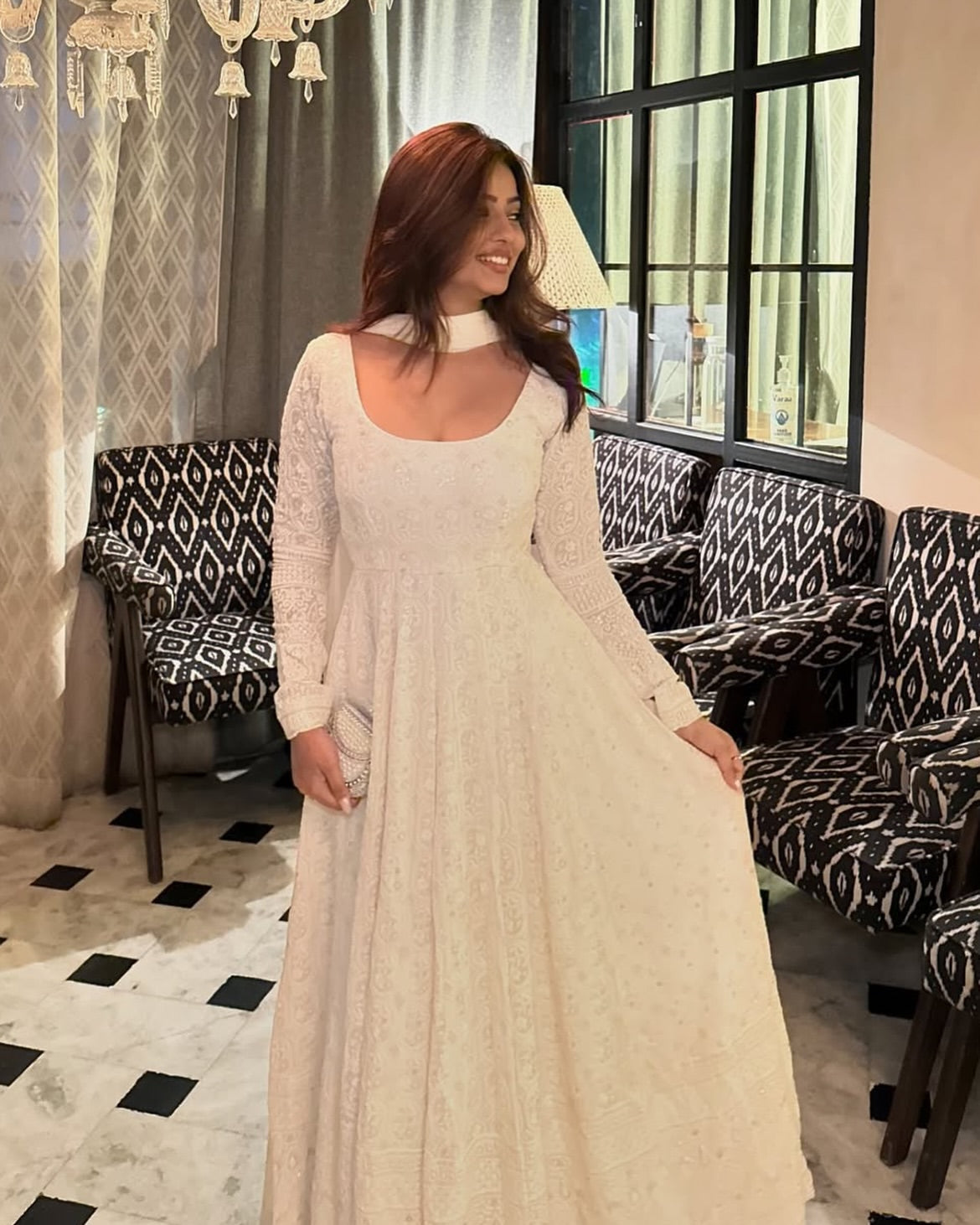 Premium Ivory Faux Blooming Embroidered Anarkali Suit Set with Pant & Gota Patti Dupatta | XS–3XL | Wedding Party Wear