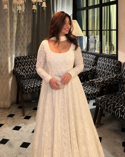 Premium Ivory Faux Blooming Embroidered Anarkali Suit Set with Pant & Gota Patti Dupatta | XS–3XL | Wedding Party Wear