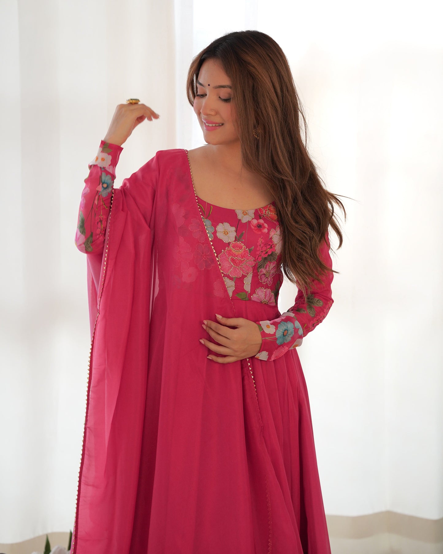 Breathtaking Organza Silk Floral Printed Designer Anarkali Pant Suit - INDIAN ELEGANCE