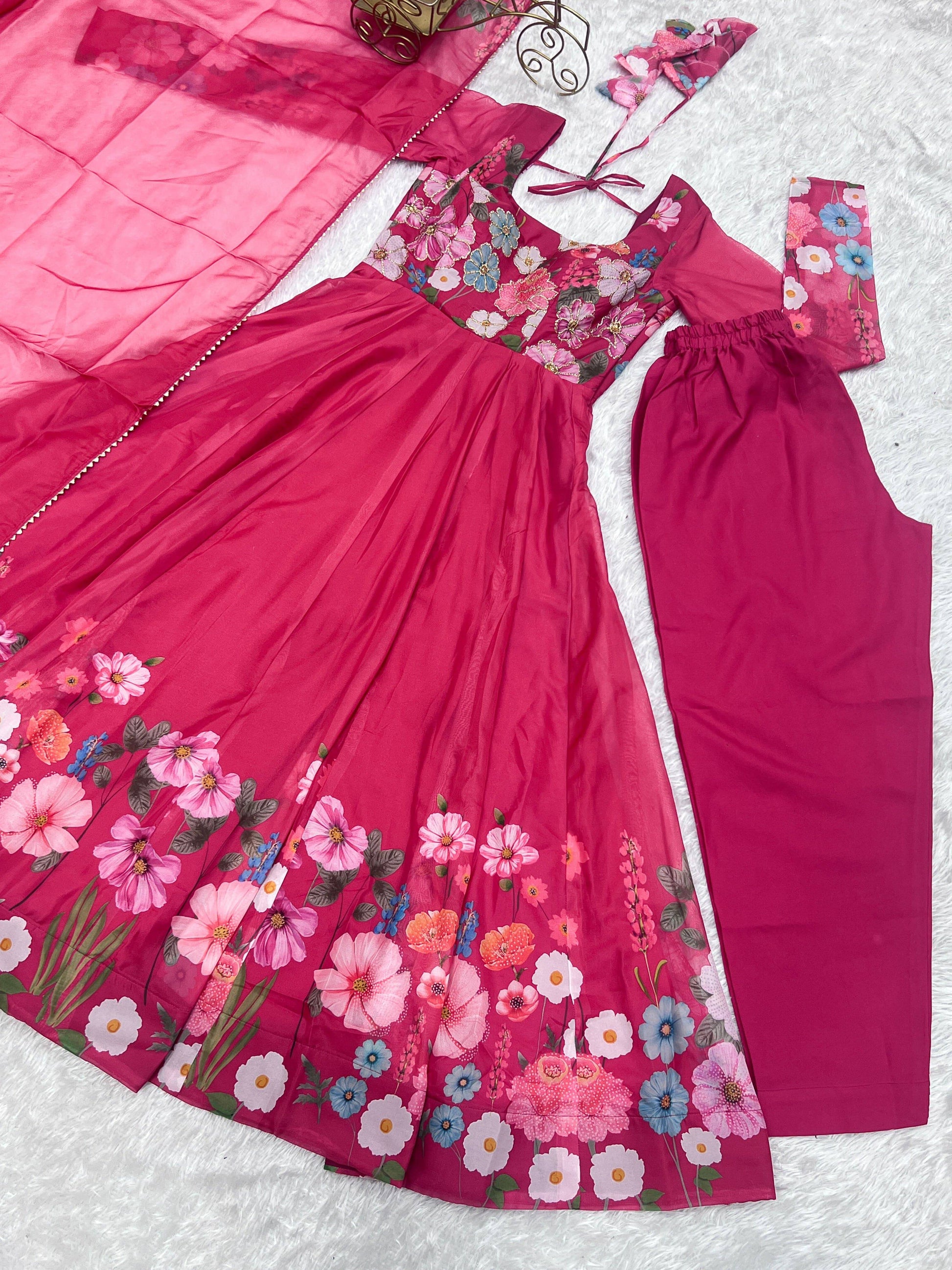 Breathtaking Organza Silk Floral Printed Designer Anarkali Pant Suit - INDIAN ELEGANCE