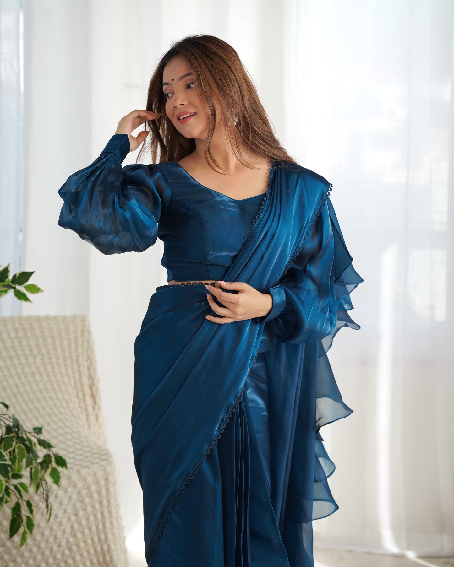 Alluring Jimmi Organza Silk Fully Stitched Ready To Wear Saree - INDIAN ELEGANCE