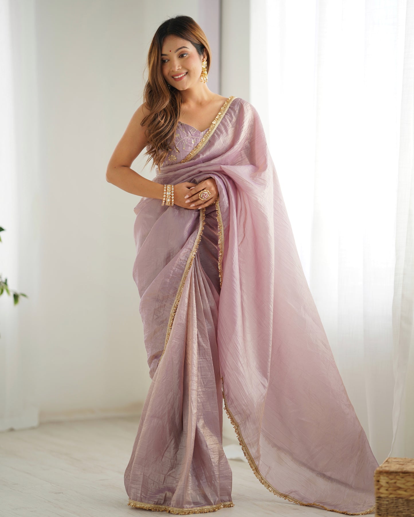 Lovely Light Dusty Mauve Gold Crush Tissue Silk Ready To Wear Saree - INDIAN ELEGANCE