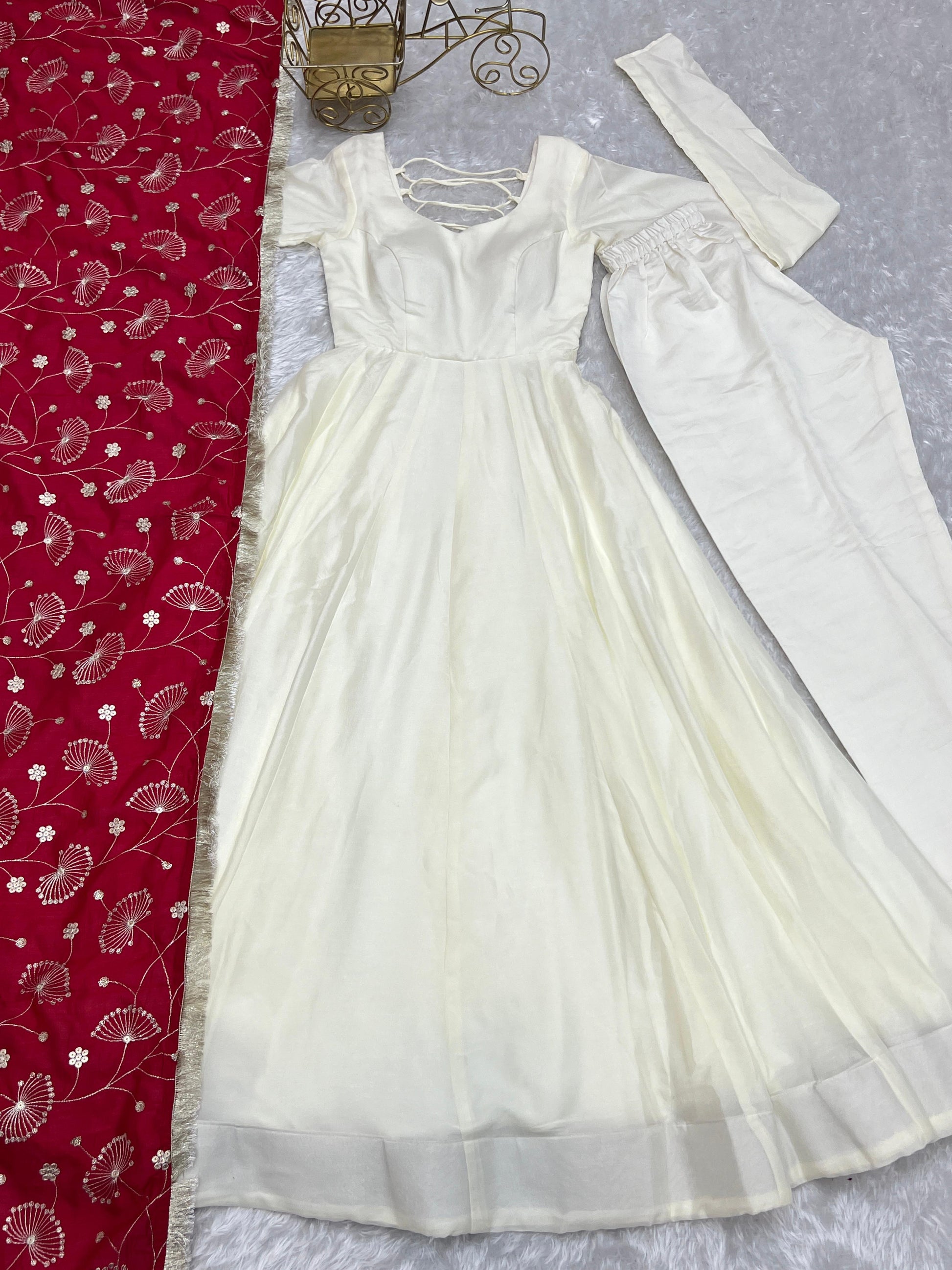 Winsome White Vichitra Silk Anarkali Pant Set With Beautiful Dupatta - INDIAN ELEGANCE