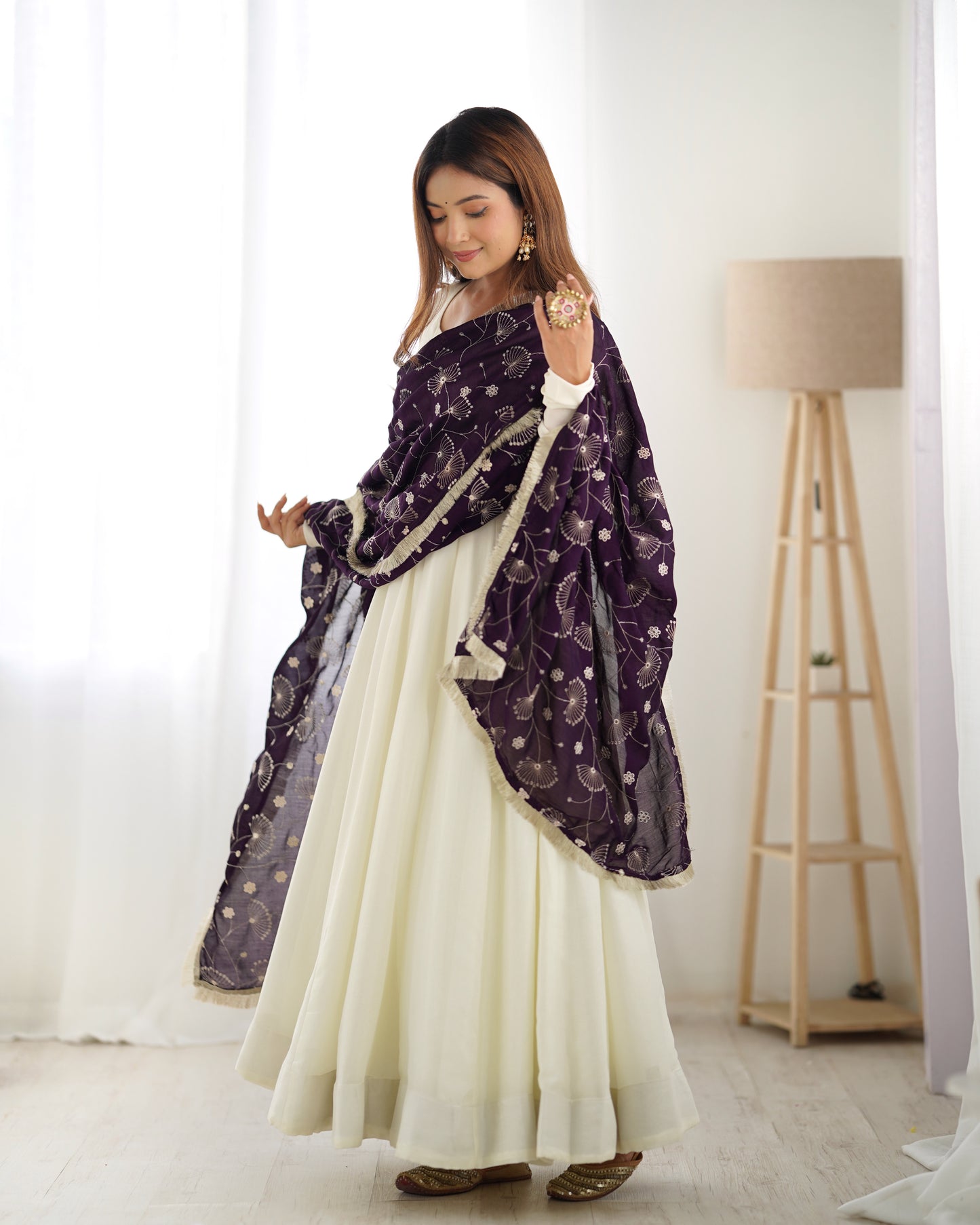Winsome White Vichitra Silk Anarkali Pant Set With Beautiful Dupatta - INDIAN ELEGANCE