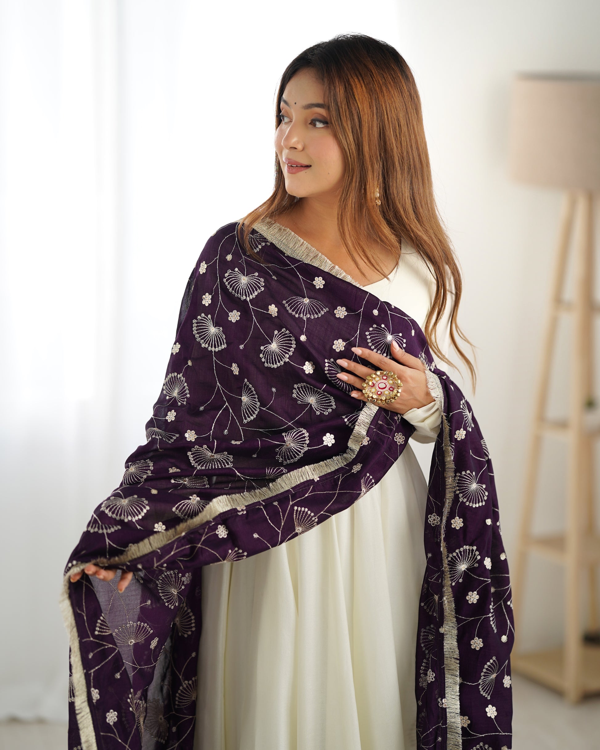 Winsome White Vichitra Silk Anarkali Pant Set With Beautiful Dupatta - INDIAN ELEGANCE