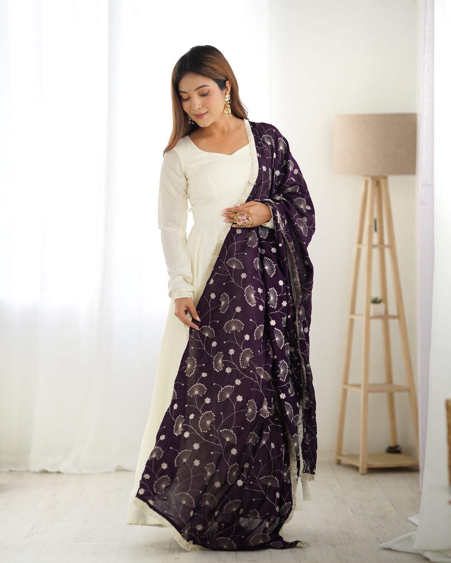 Winsome White Vichitra Silk Anarkali Pant Set With Beautiful Dupatta - INDIAN ELEGANCE