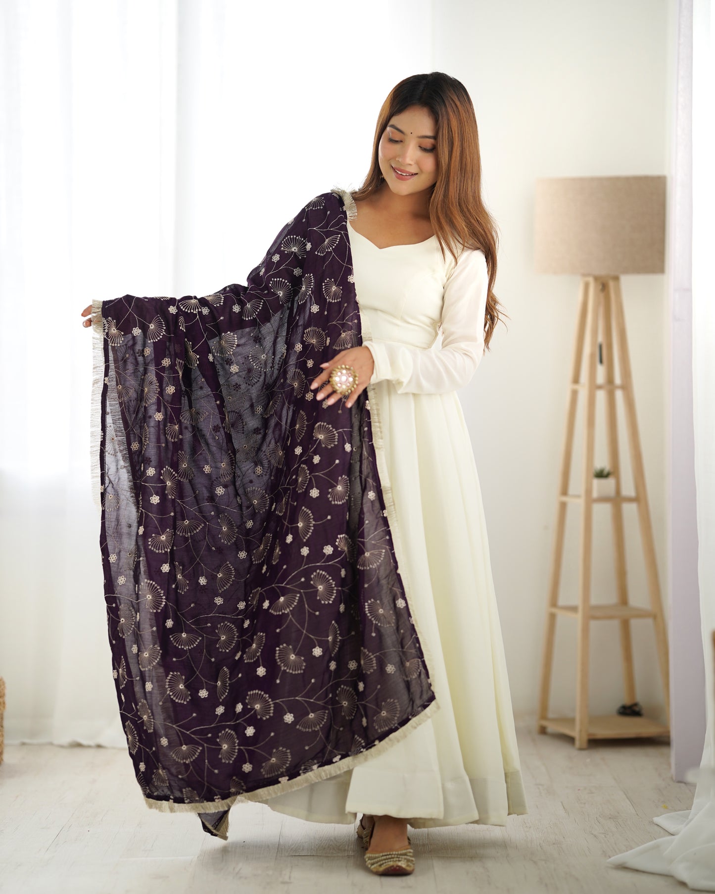 Winsome White Vichitra Silk Anarkali Pant Set With Beautiful Dupatta - INDIAN ELEGANCE