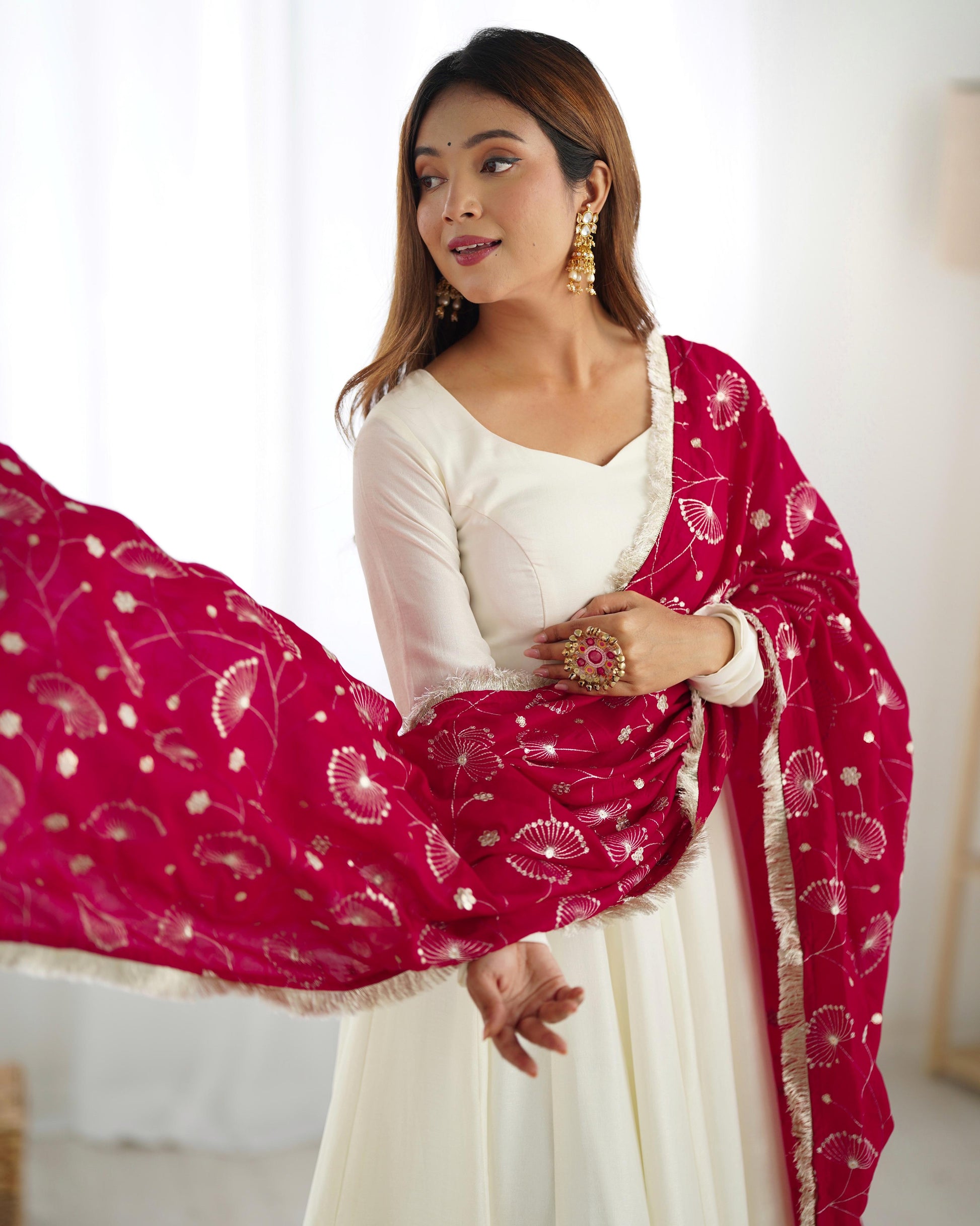 Winsome White Vichitra Silk Anarkali Pant Set With Beautiful Dupatta - INDIAN ELEGANCE
