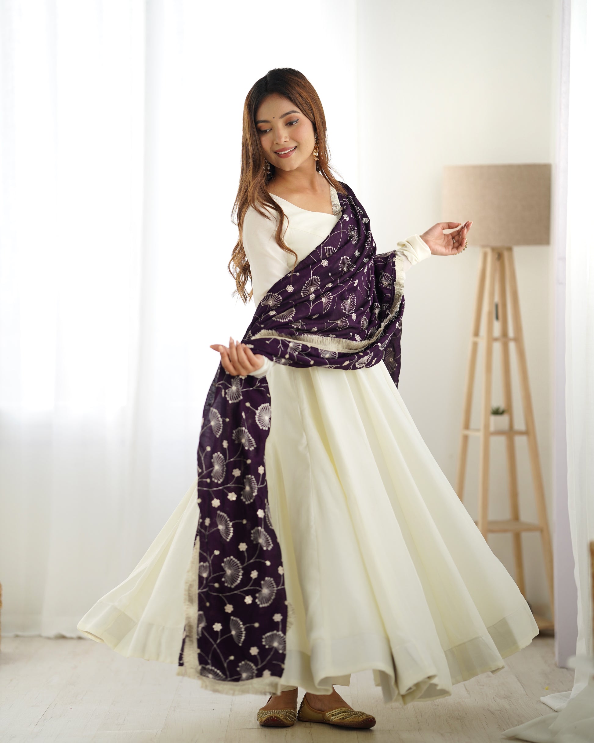 Winsome White Vichitra Silk Anarkali Pant Set With Beautiful Dupatta - INDIAN ELEGANCE