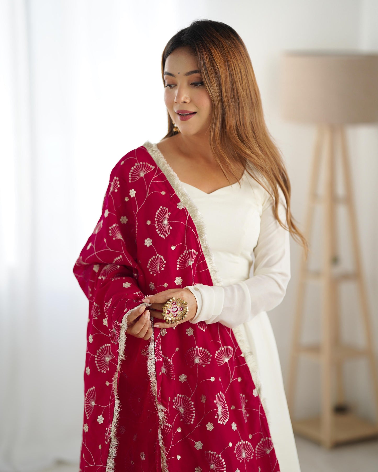 Winsome White Vichitra Silk Anarkali Pant Set With Beautiful Dupatta - INDIAN ELEGANCE