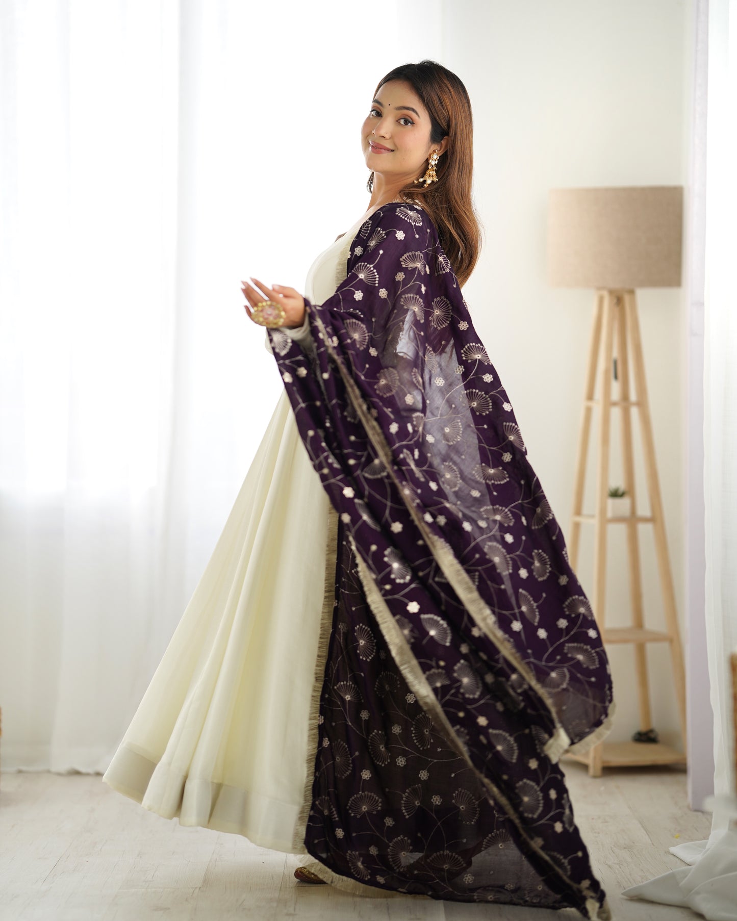 Winsome White Vichitra Silk Anarkali Pant Set With Beautiful Dupatta - INDIAN ELEGANCE