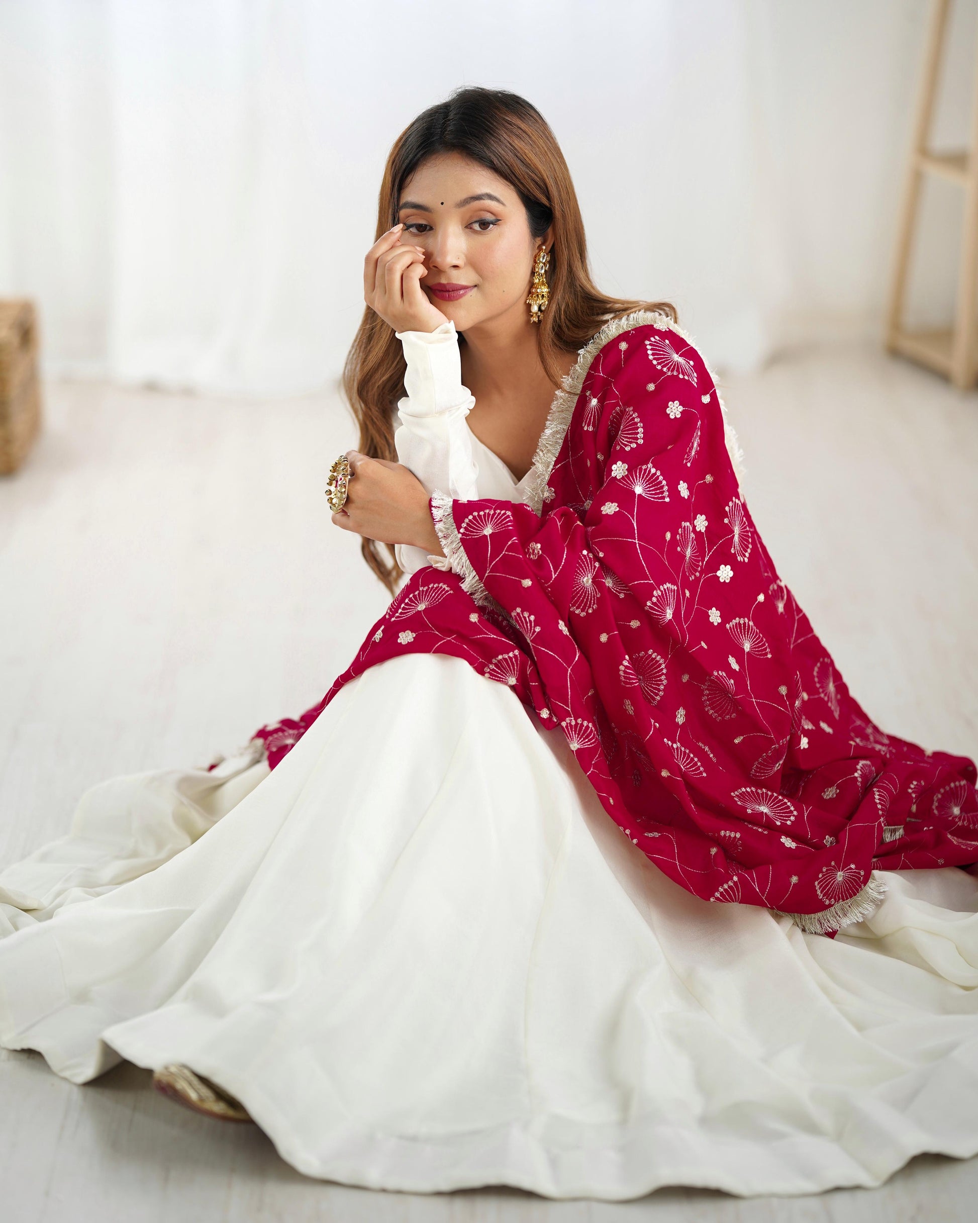 Winsome White Vichitra Silk Anarkali Pant Set With Beautiful Dupatta - INDIAN ELEGANCE