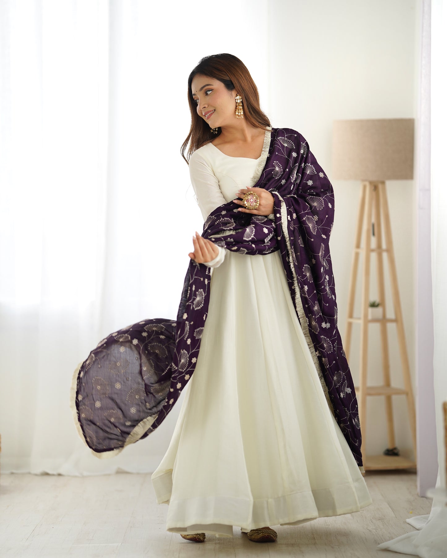 Winsome White Vichitra Silk Anarkali Pant Set With Beautiful Dupatta - INDIAN ELEGANCE