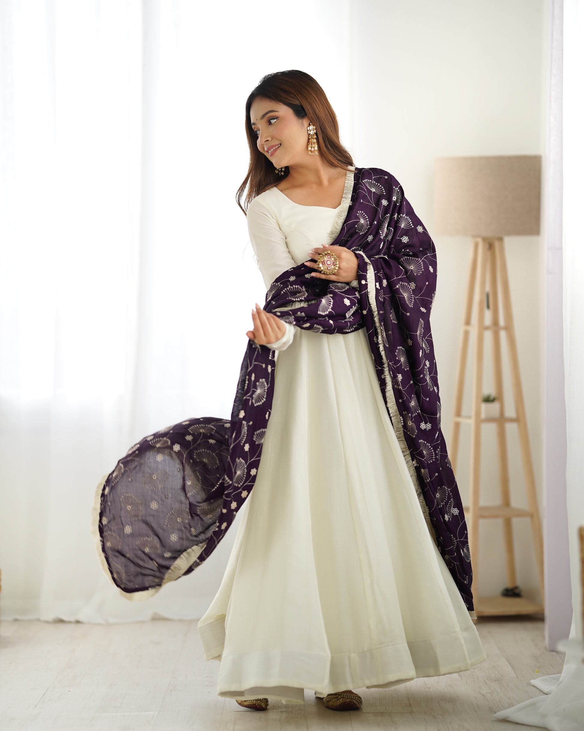 Winsome White Vichitra Silk Anarkali Pant Set With Beautiful Dupatta - INDIAN ELEGANCE