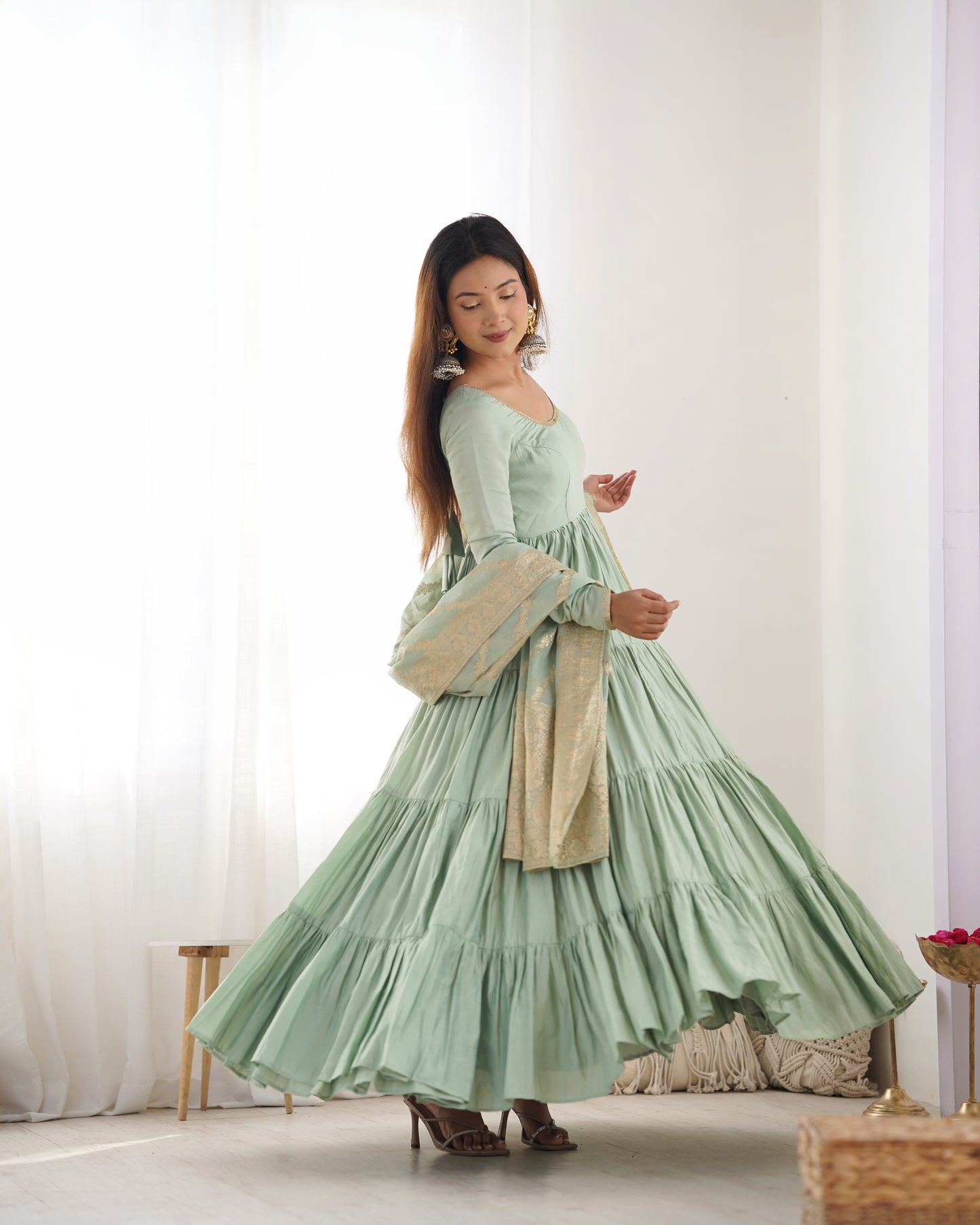Elegant Pure Roman Silk 9 Mtr Flared Designer Anarkali Suit - INDIAN ELEGANCE