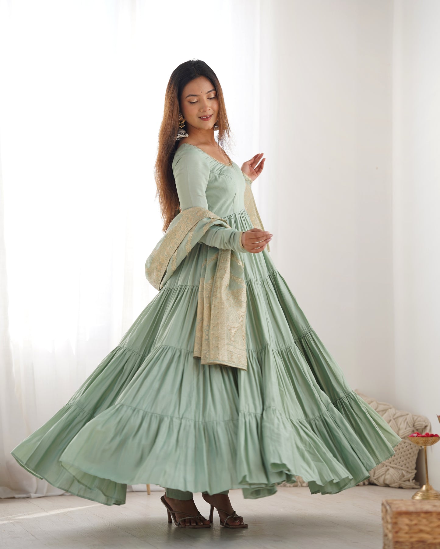 Elegant Pure Roman Silk 9 Mtr Flared Designer Anarkali Suit - INDIAN ELEGANCE
