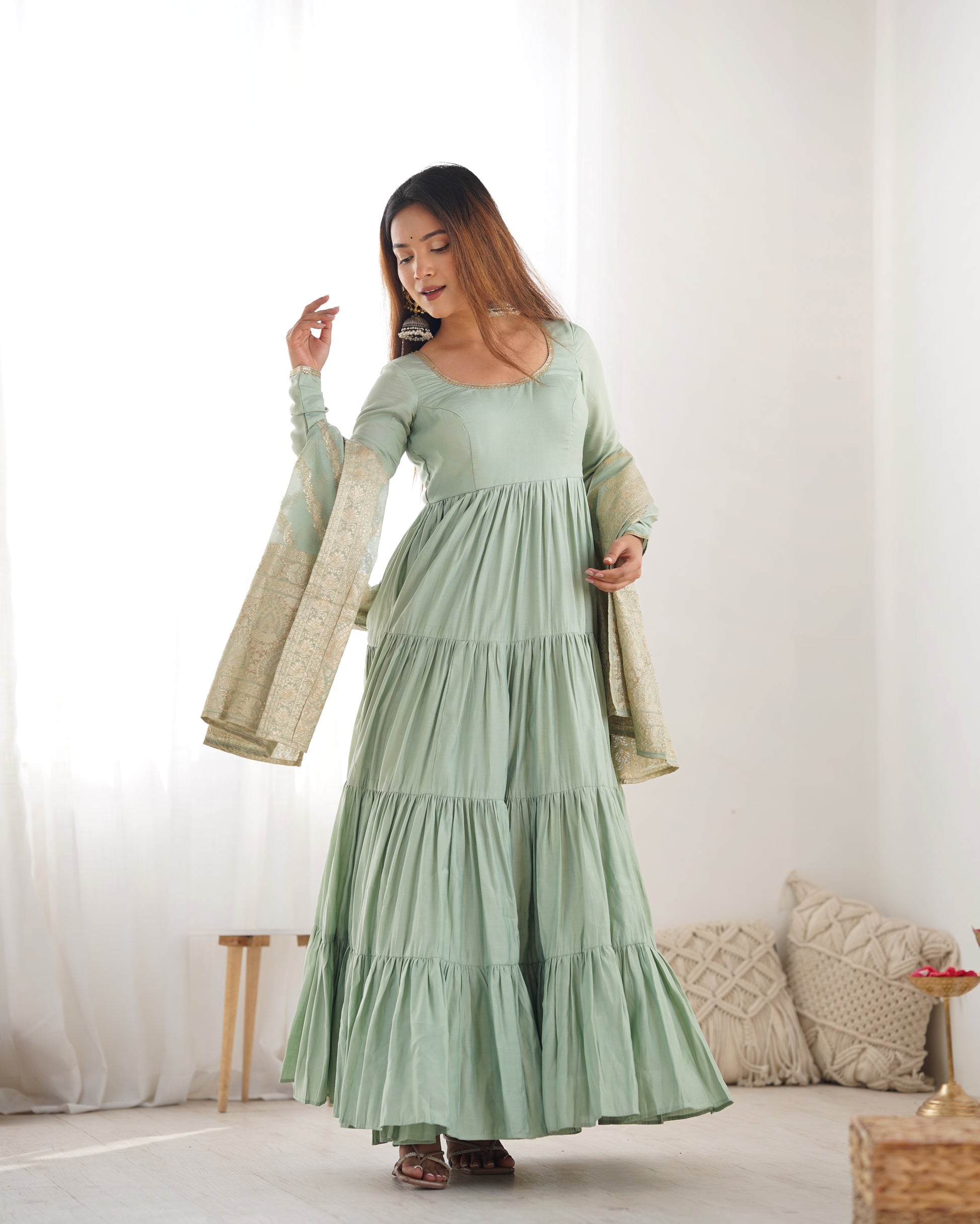 Elegant Pure Roman Silk 9 Mtr Flared Designer Anarkali Suit - INDIAN ELEGANCE