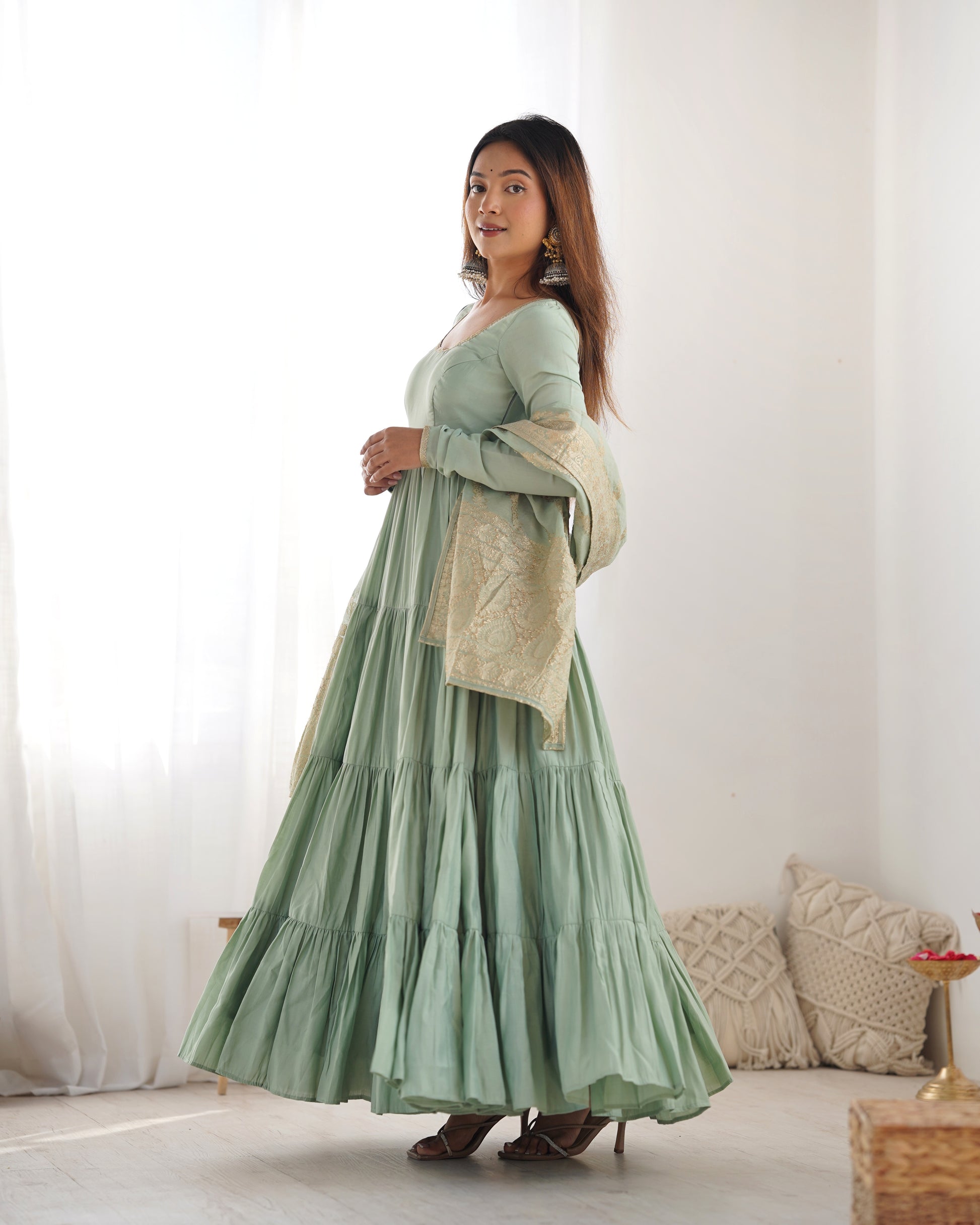 Elegant Pure Roman Silk 9 Mtr Flared Designer Anarkali Suit - INDIAN ELEGANCE