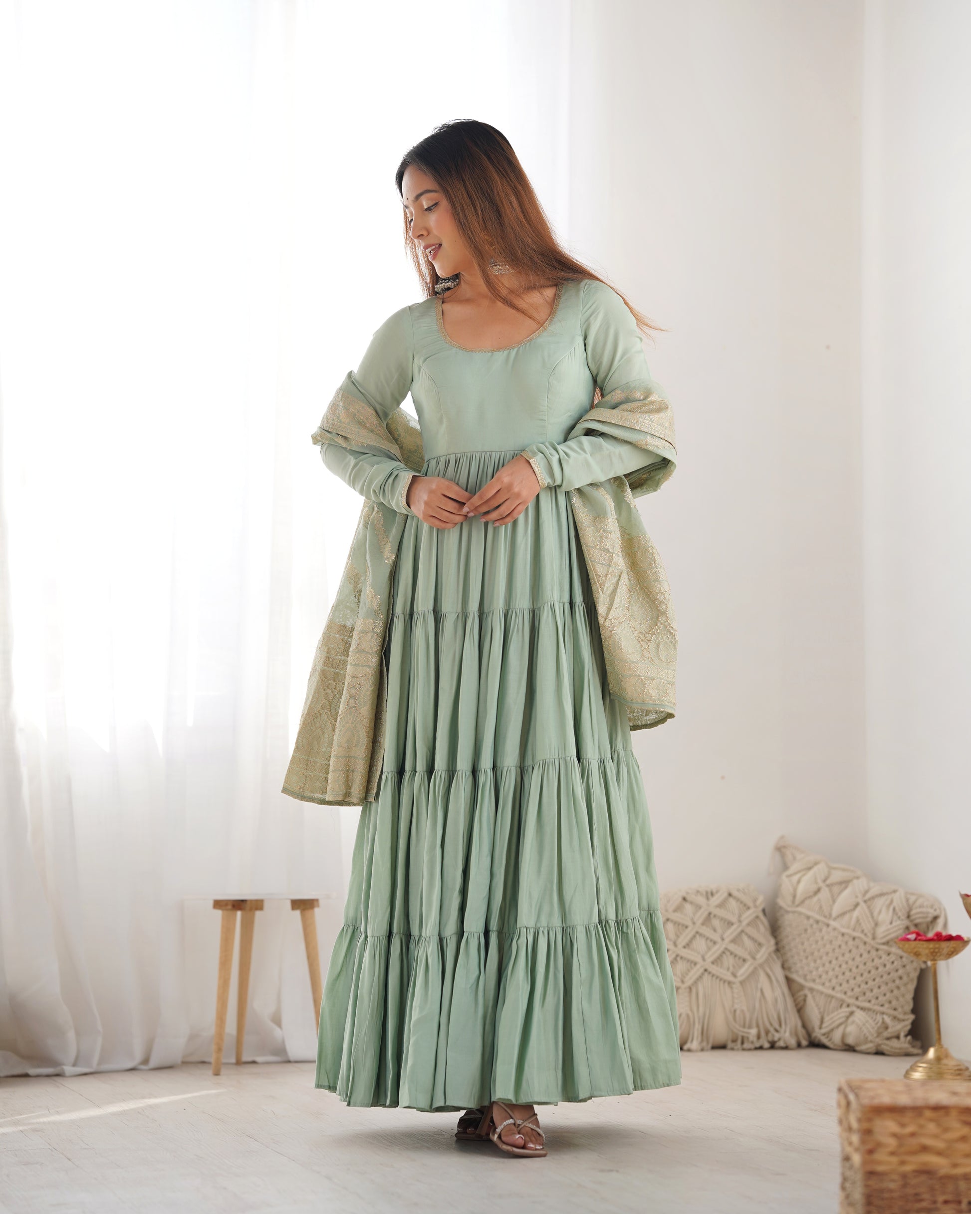 Elegant Pure Roman Silk 9 Mtr Flared Designer Anarkali Suit - INDIAN ELEGANCE
