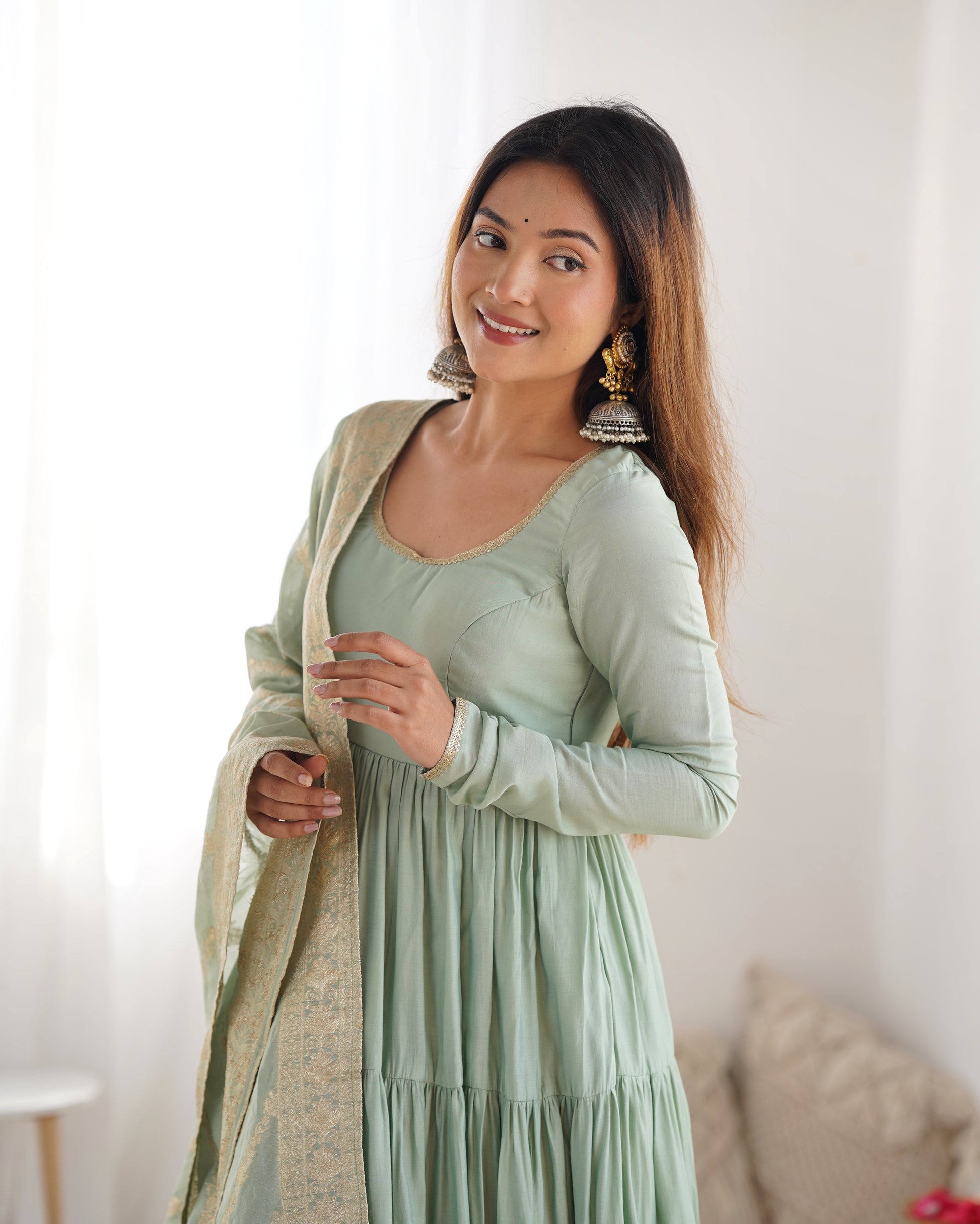 Elegant Pure Roman Silk 9 Mtr Flared Designer Anarkali Suit - INDIAN ELEGANCE