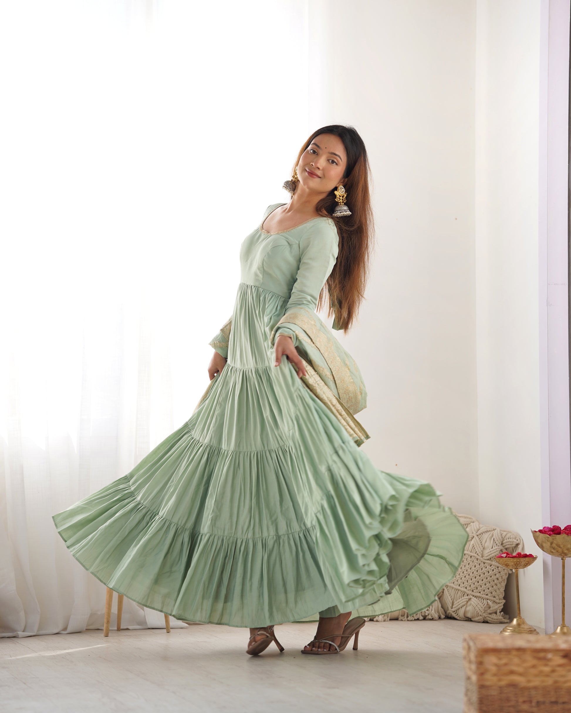 Elegant Pure Roman Silk 9 Mtr Flared Designer Anarkali Suit - INDIAN ELEGANCE
