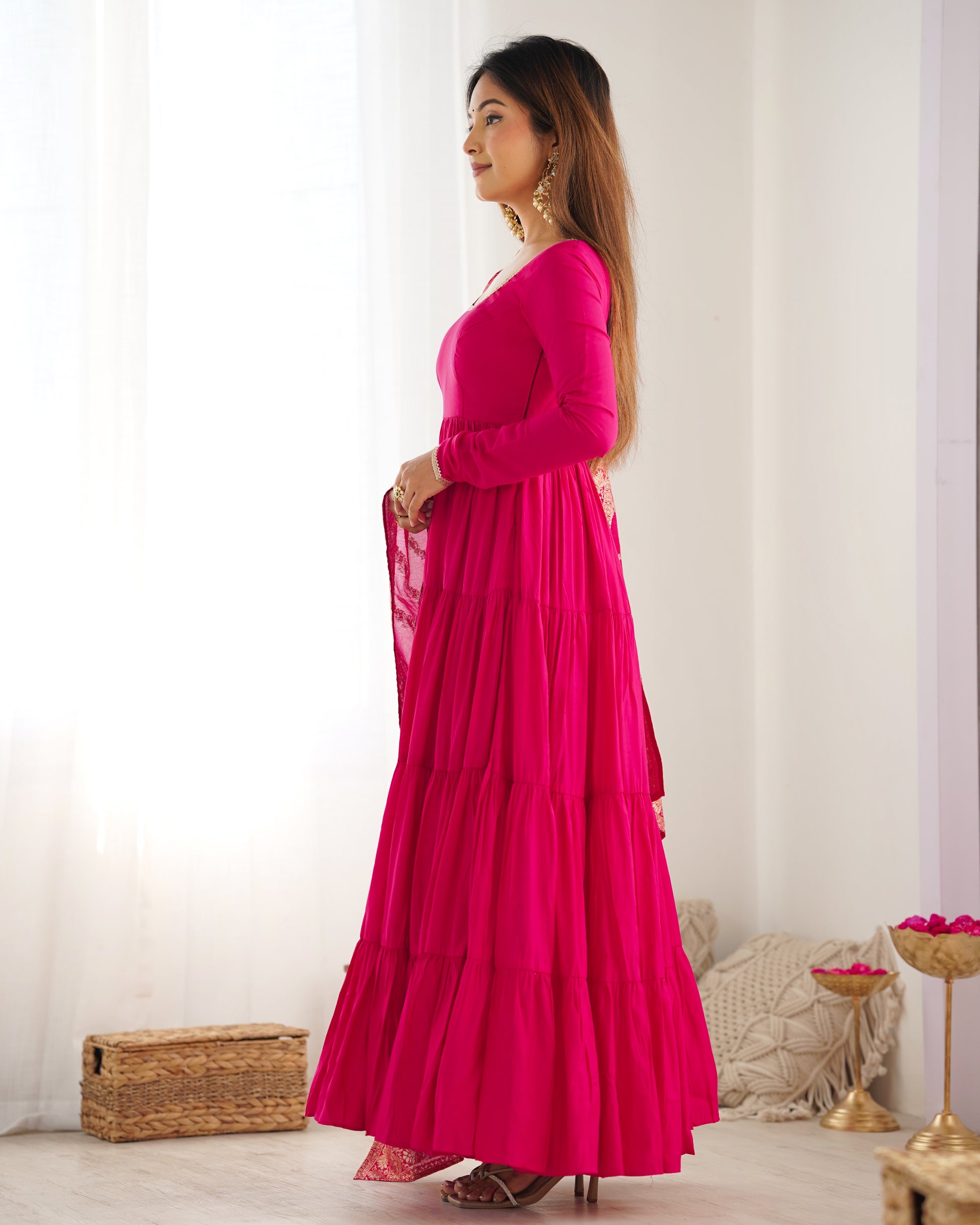 Elegant Pure Roman Silk 9 Mtr Flared Designer Anarkali Suit - INDIAN ELEGANCE