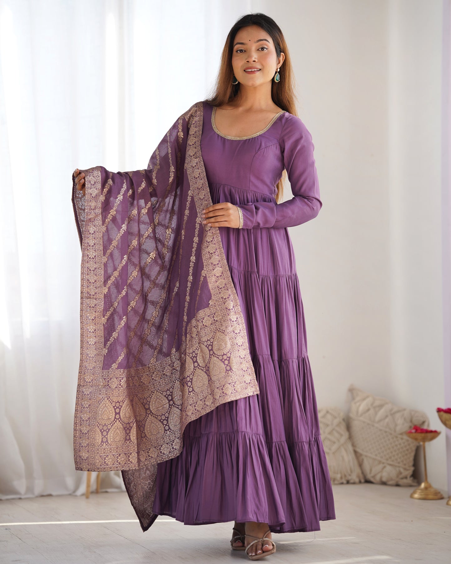 Elegant Pure Roman Silk 9 Mtr Flared Designer Anarkali Suit - INDIAN ELEGANCE