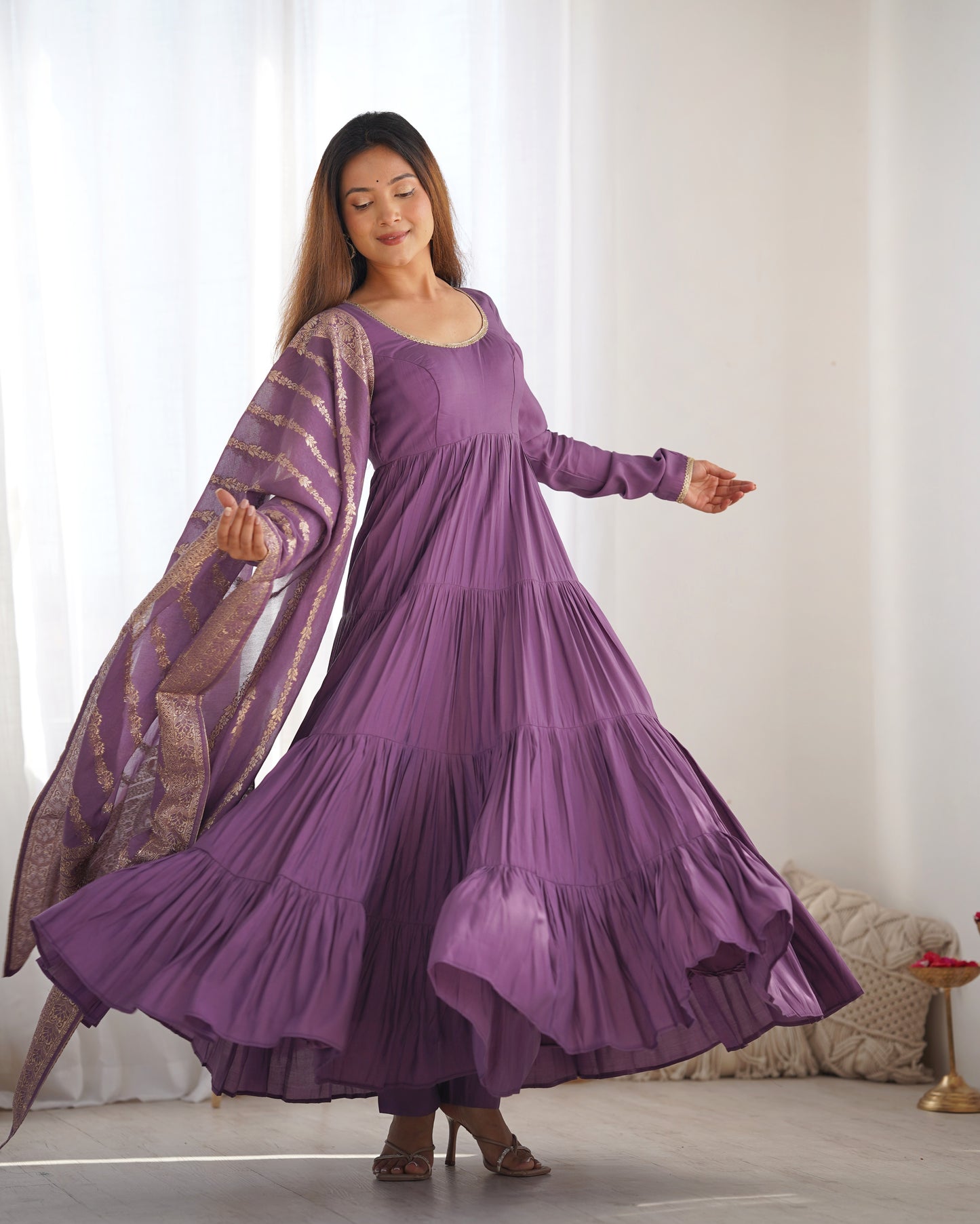 Elegant Pure Roman Silk 9 Mtr Flared Designer Anarkali Suit - INDIAN ELEGANCE