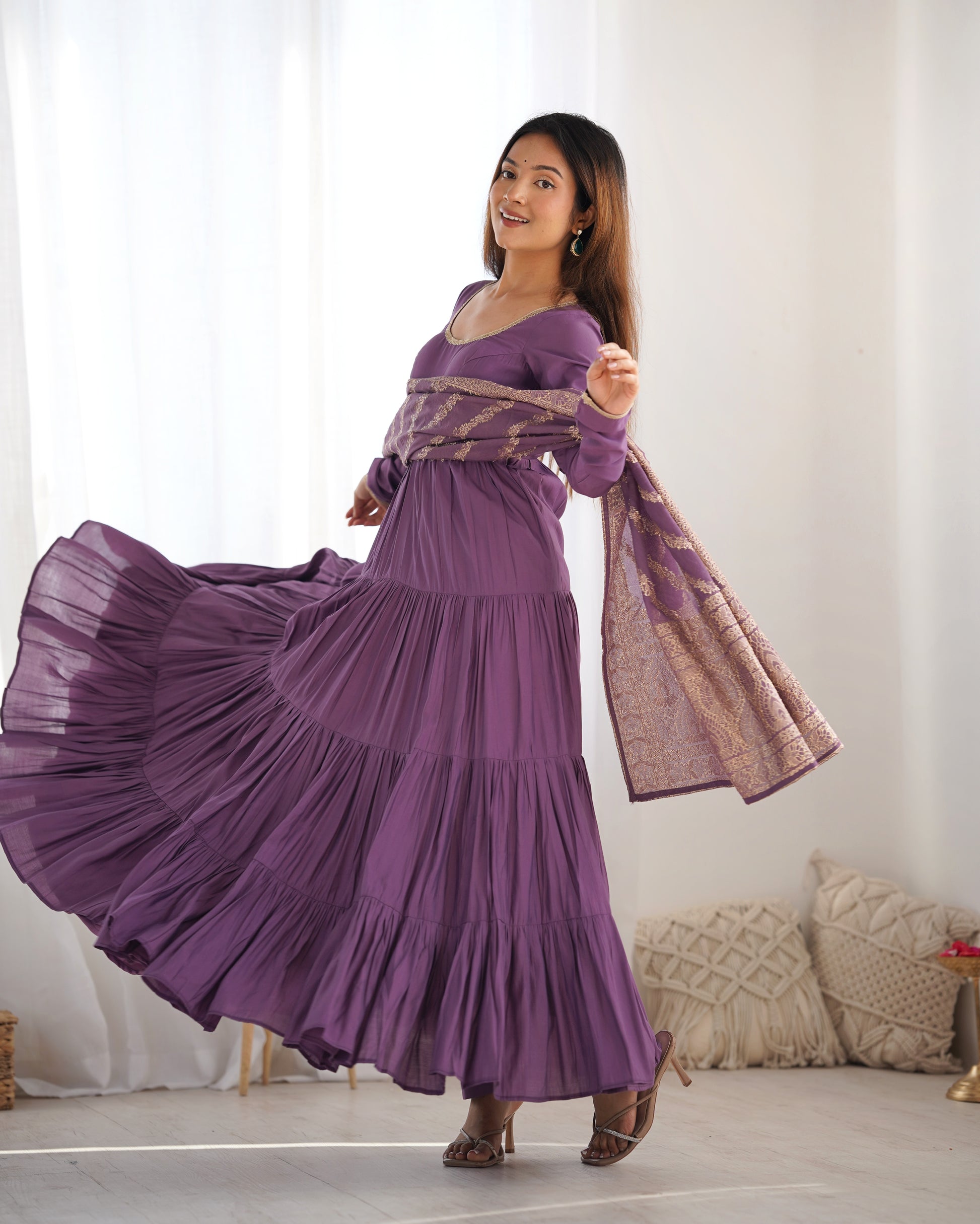 Elegant Pure Roman Silk 9 Mtr Flared Designer Anarkali Suit - INDIAN ELEGANCE