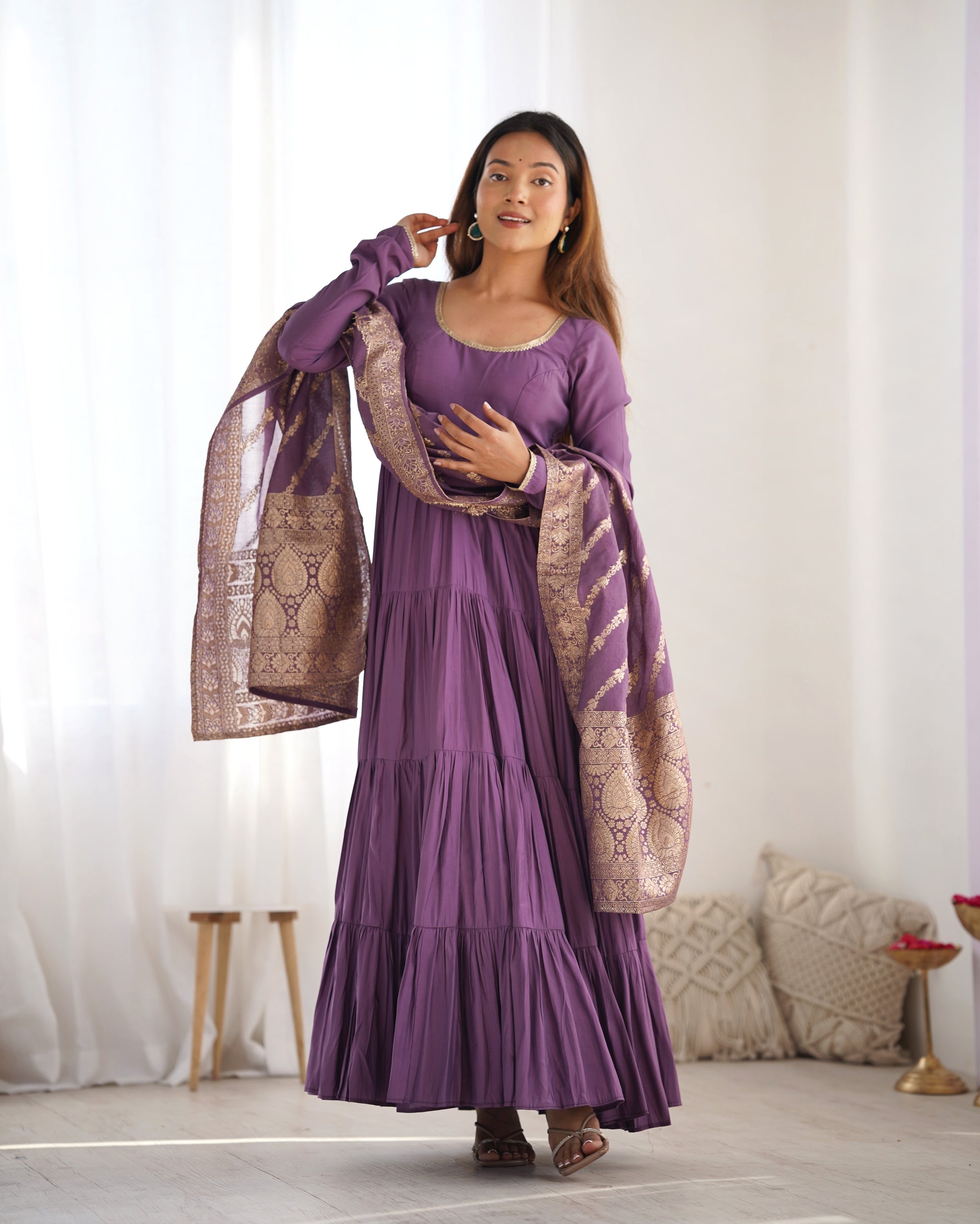 Elegant Pure Roman Silk 9 Mtr Flared Designer Anarkali Suit - INDIAN ELEGANCE