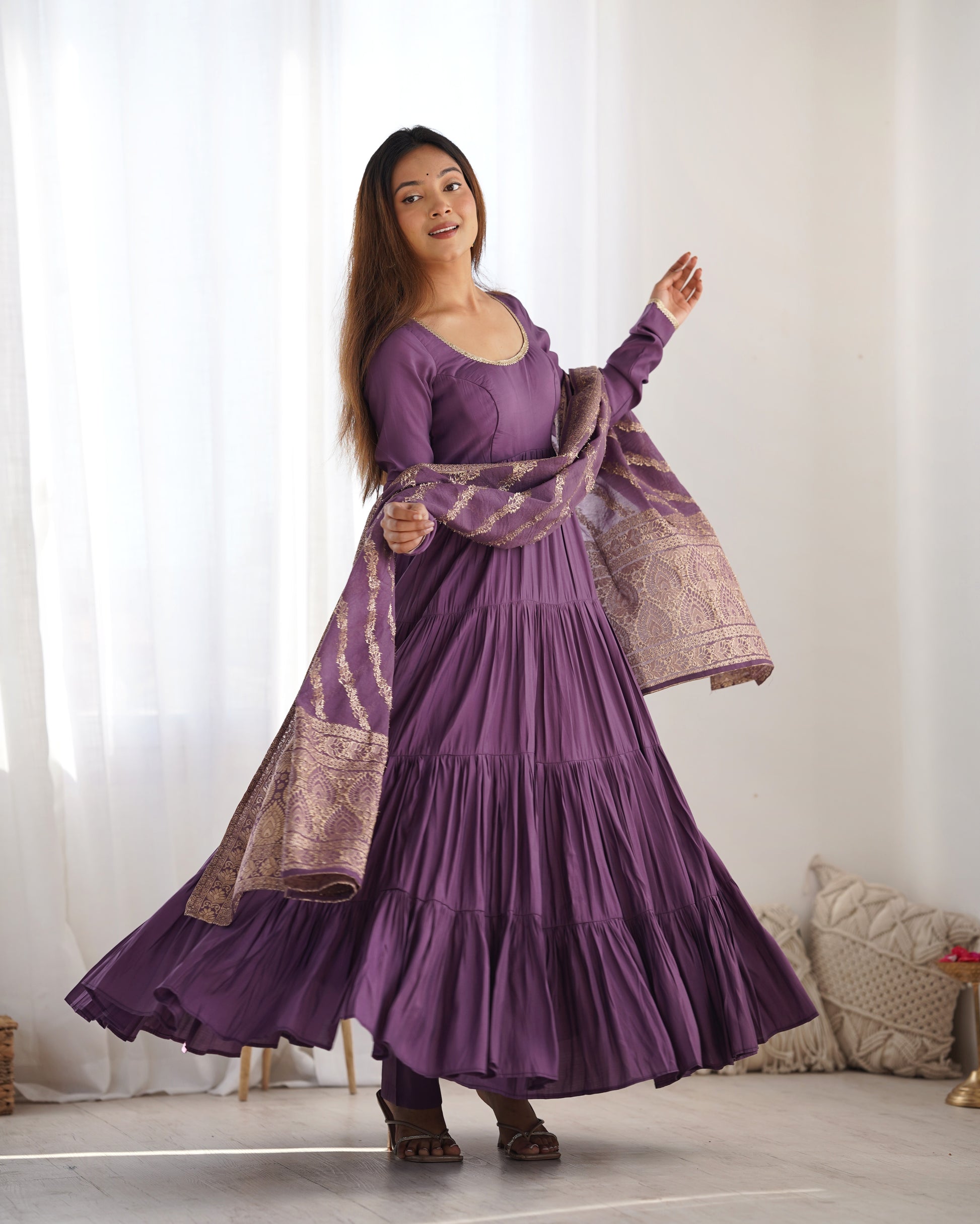 Elegant Pure Roman Silk 9 Mtr Flared Designer Anarkali Suit - INDIAN ELEGANCE