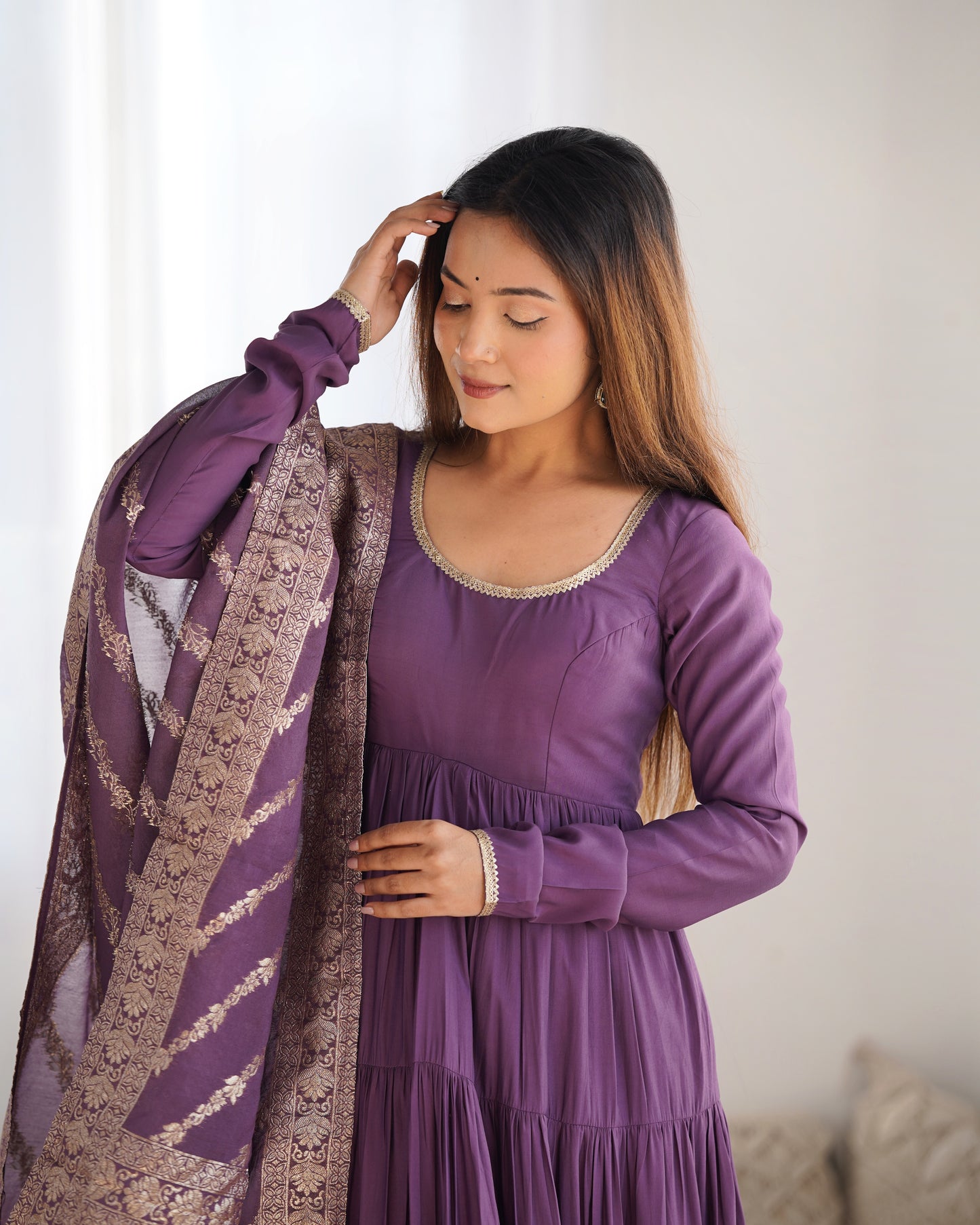 Elegant Pure Roman Silk 9 Mtr Flared Designer Anarkali Suit - INDIAN ELEGANCE